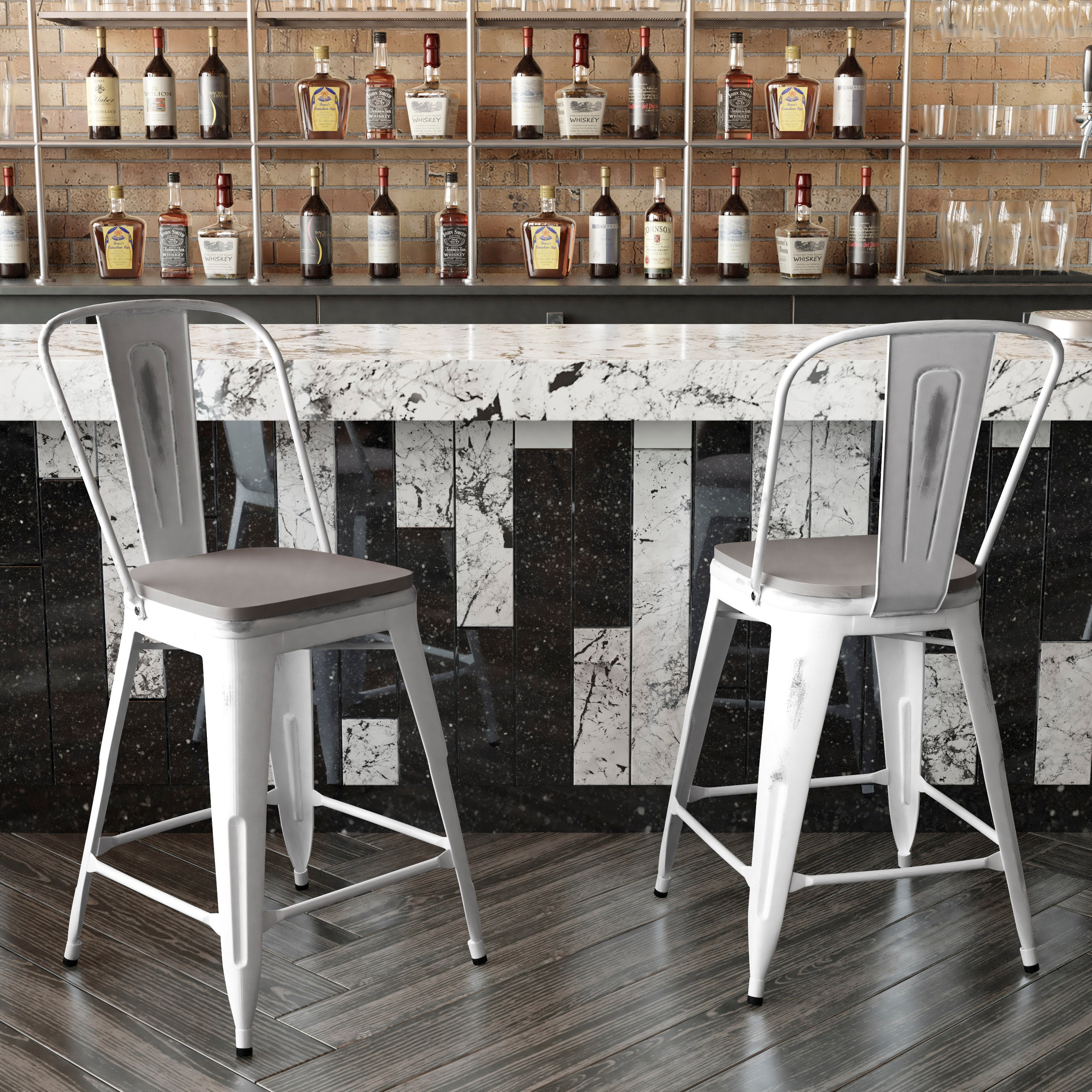 Carly Commercial Grade 24" High White Metal Indoor-Outdoor Counter Height Stool with Back with Gray Poly Resin Wood Seat