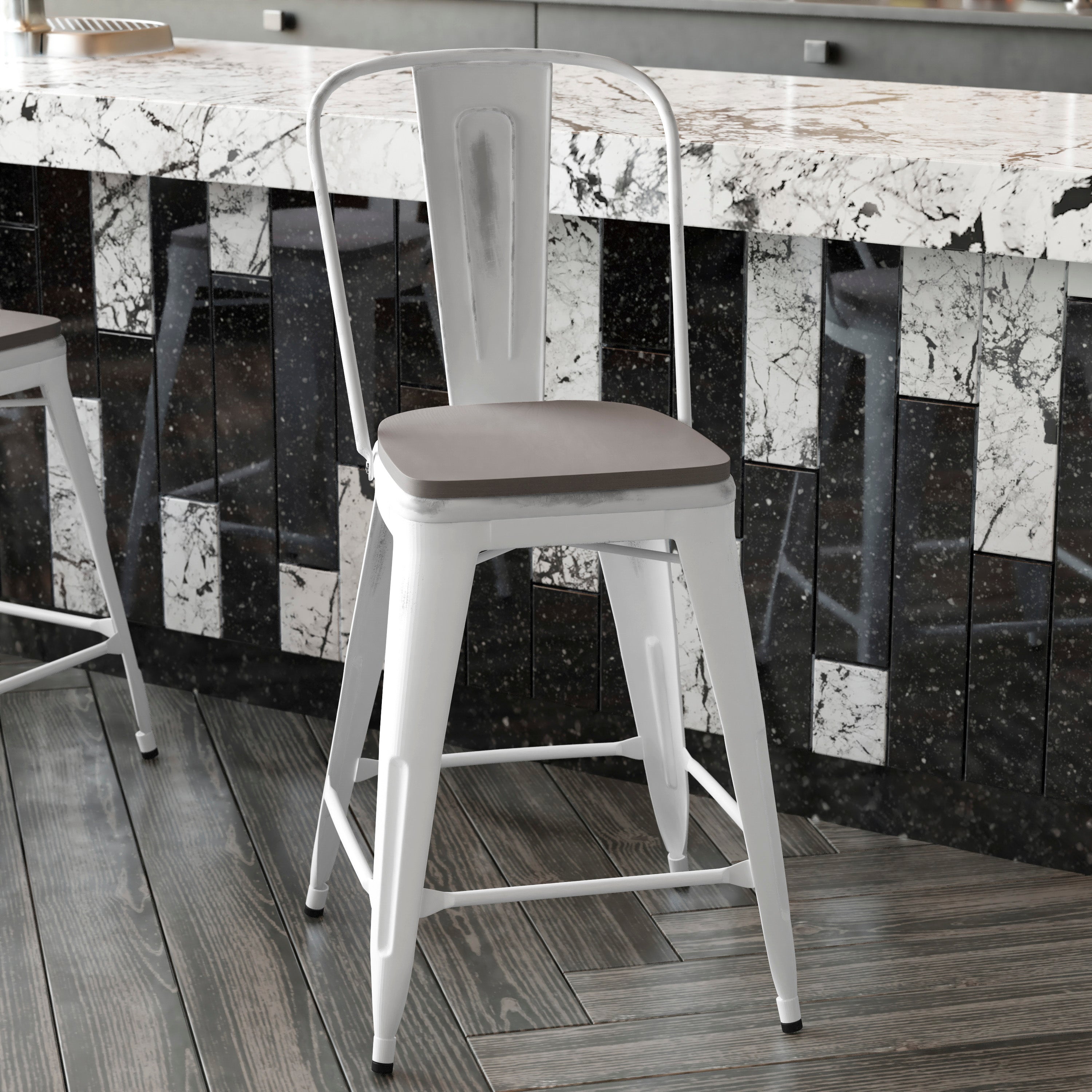 Carly Commercial Grade 24" High White Metal Indoor-Outdoor Counter Height Stool with Back with Gray Poly Resin Wood Seat