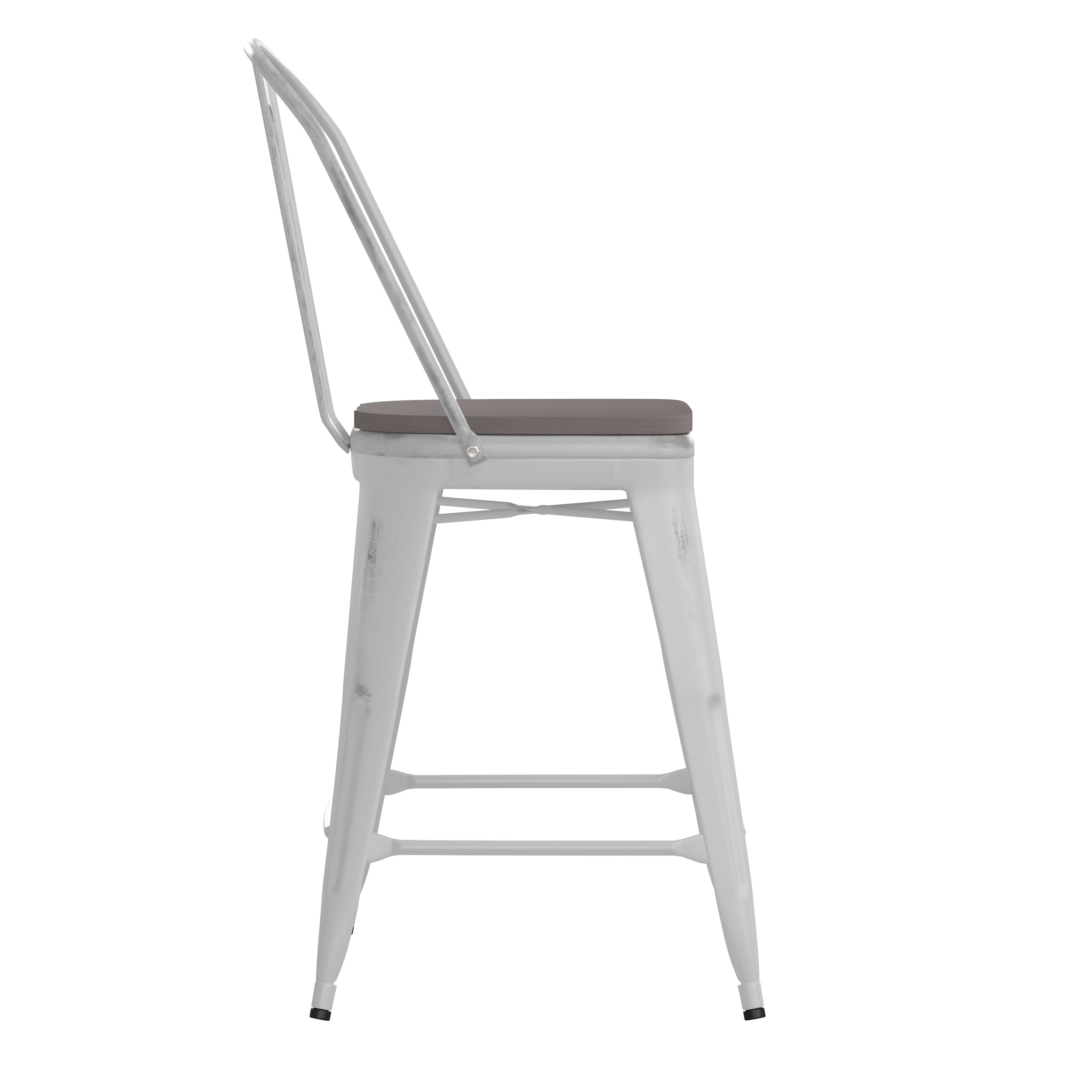 Carly Commercial Grade 24" High White Metal Indoor-Outdoor Counter Height Stool with Back with Gray Poly Resin Wood Seat
