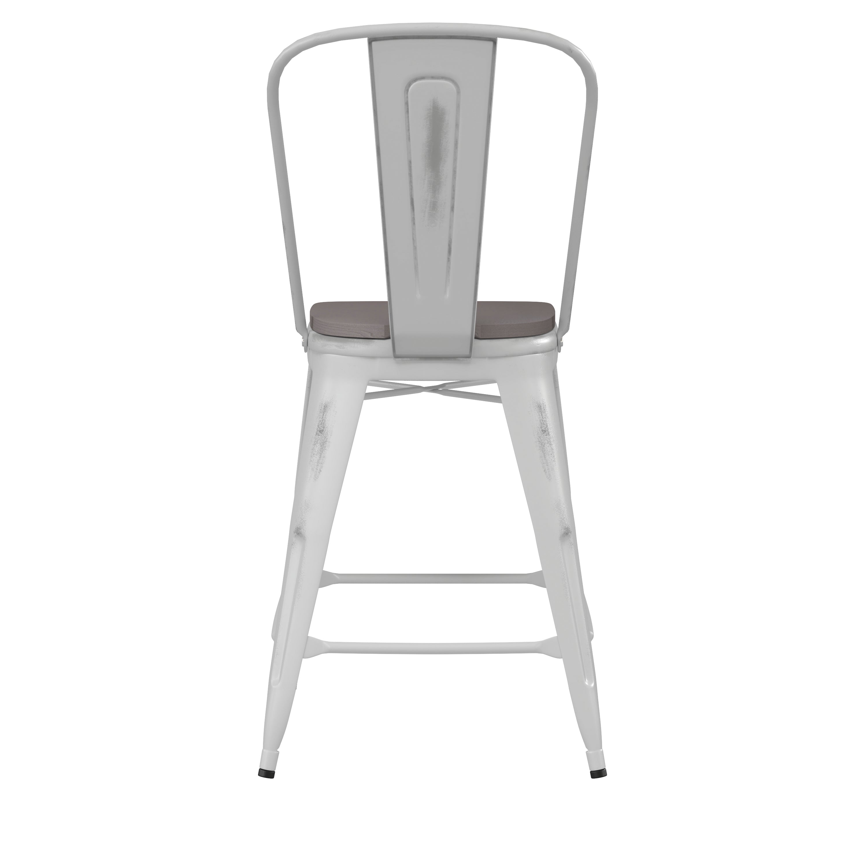 Carly Commercial Grade 24" High White Metal Indoor-Outdoor Counter Height Stool with Back with Gray Poly Resin Wood Seat