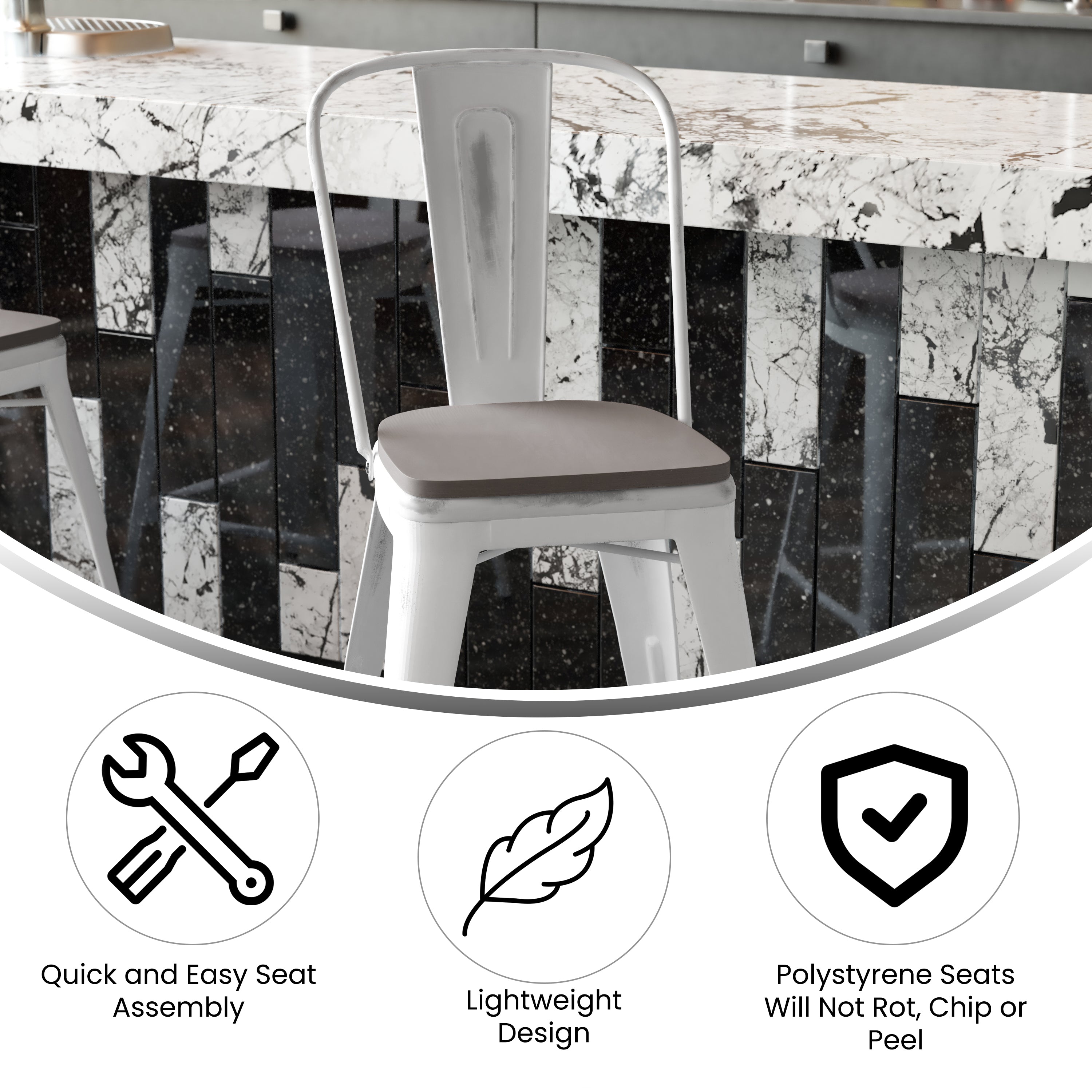 Carly Commercial Grade 24" High White Metal Indoor-Outdoor Counter Height Stool with Back with Gray Poly Resin Wood Seat