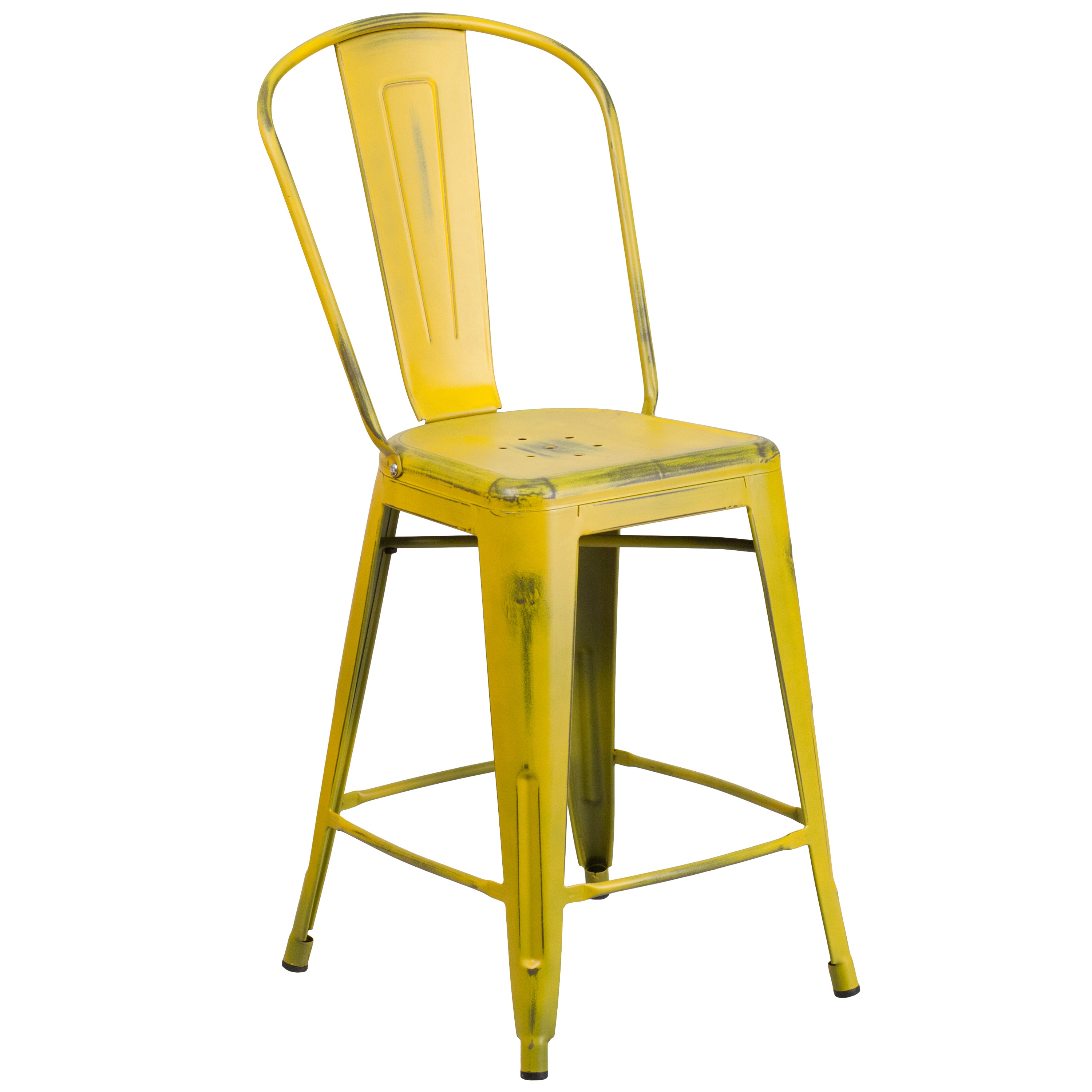 Carly Commercial Grade 24" High Distressed Yellow Metal Indoor-Outdoor Counter Height Stool with Back