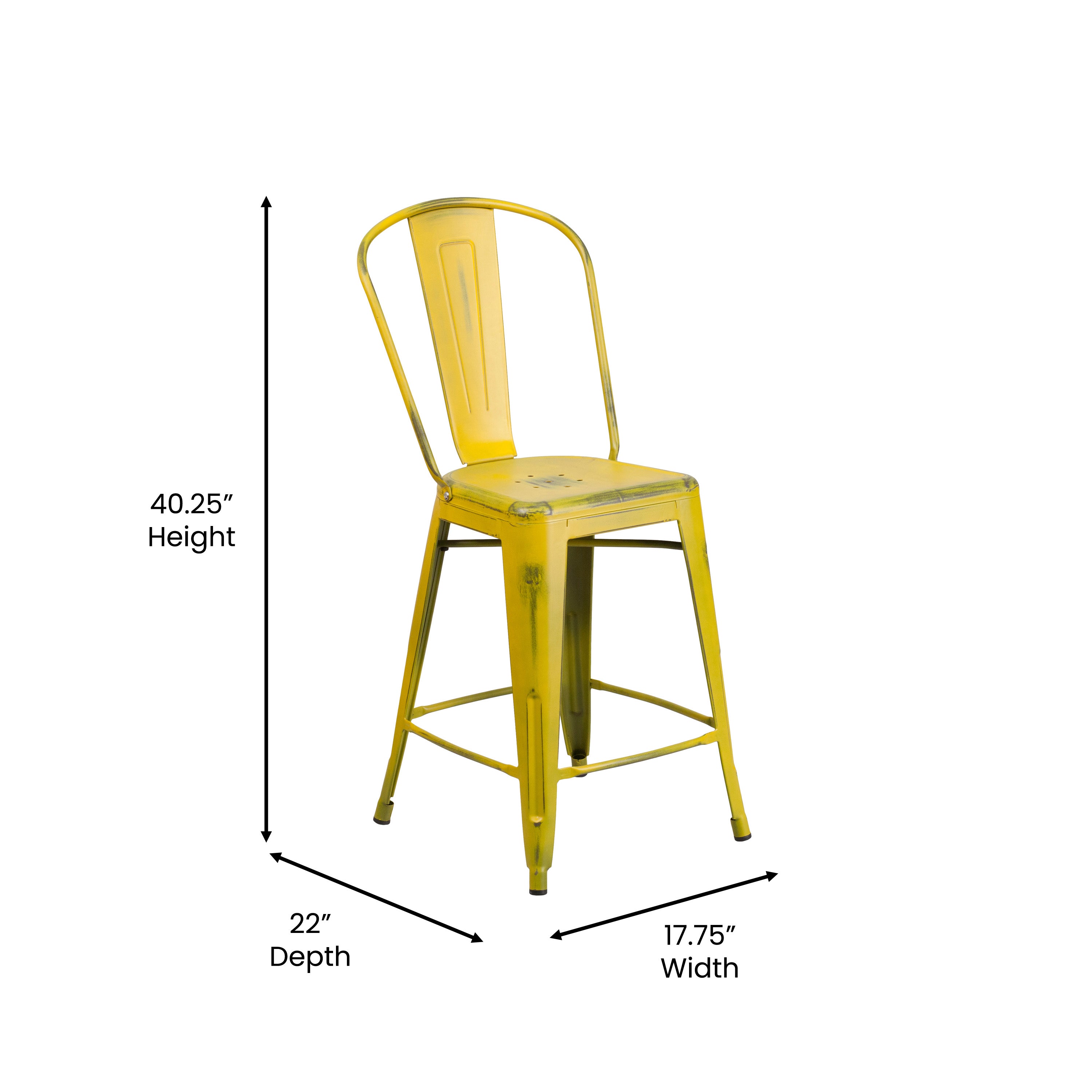 Carly Commercial Grade 24" High Distressed Yellow Metal Indoor-Outdoor Counter Height Stool with Back