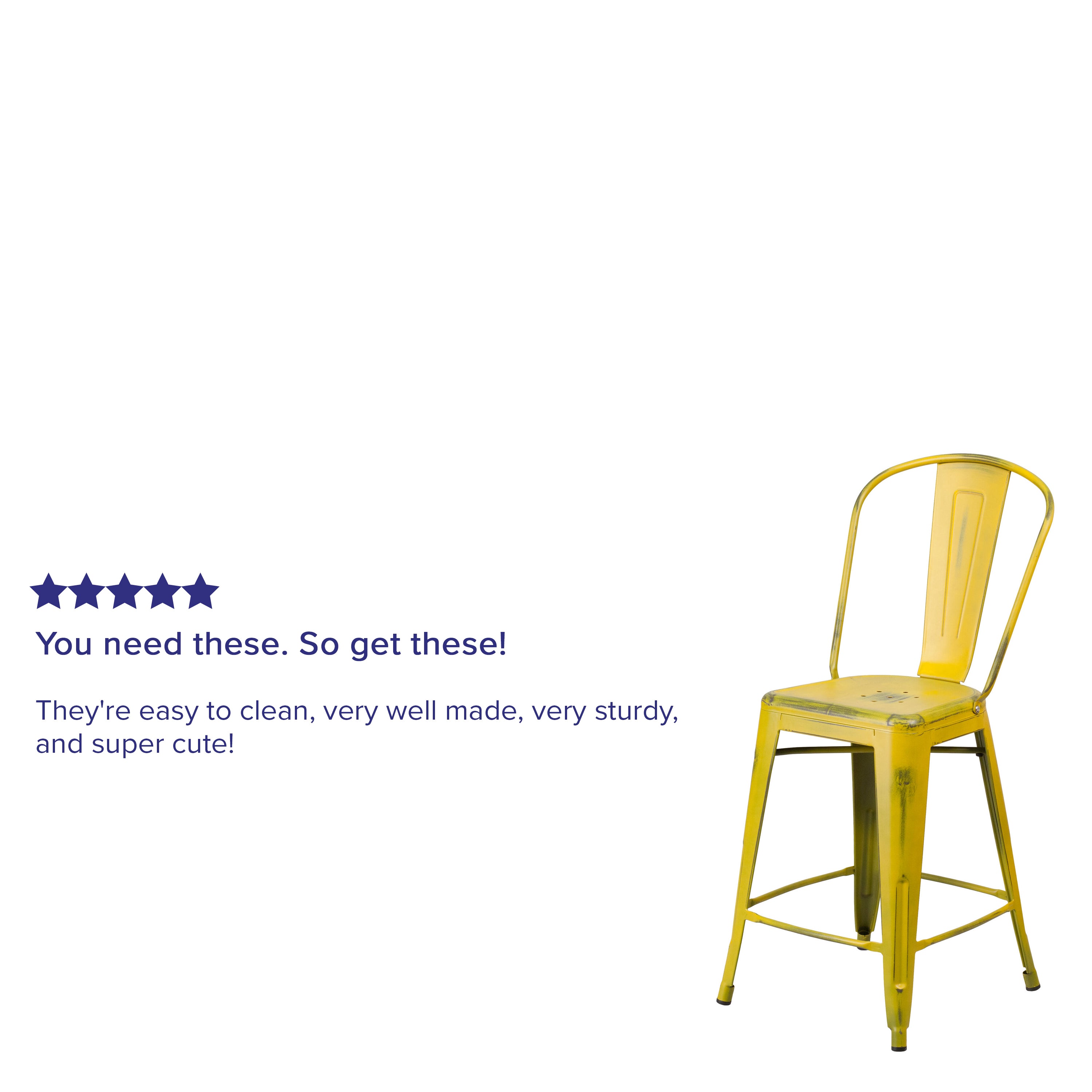 Carly Commercial Grade 24" High Distressed Yellow Metal Indoor-Outdoor Counter Height Stool with Back