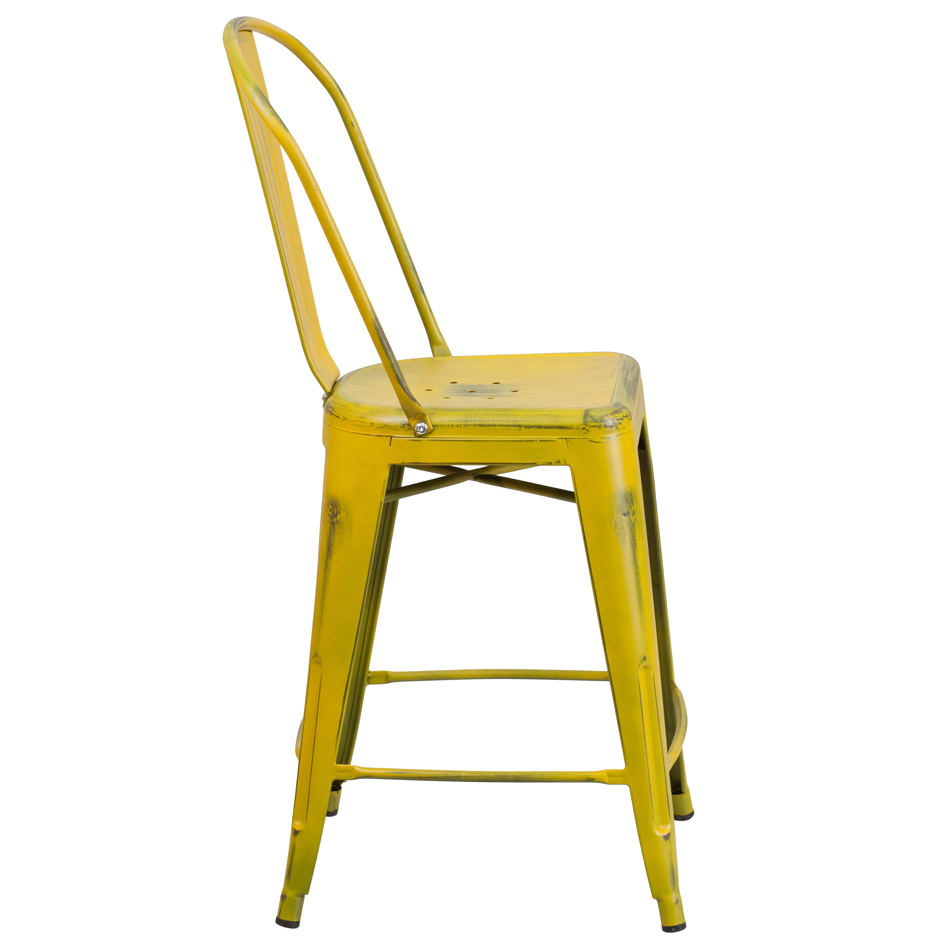 Carly Commercial Grade 24" High Distressed Yellow Metal Indoor-Outdoor Counter Height Stool with Back