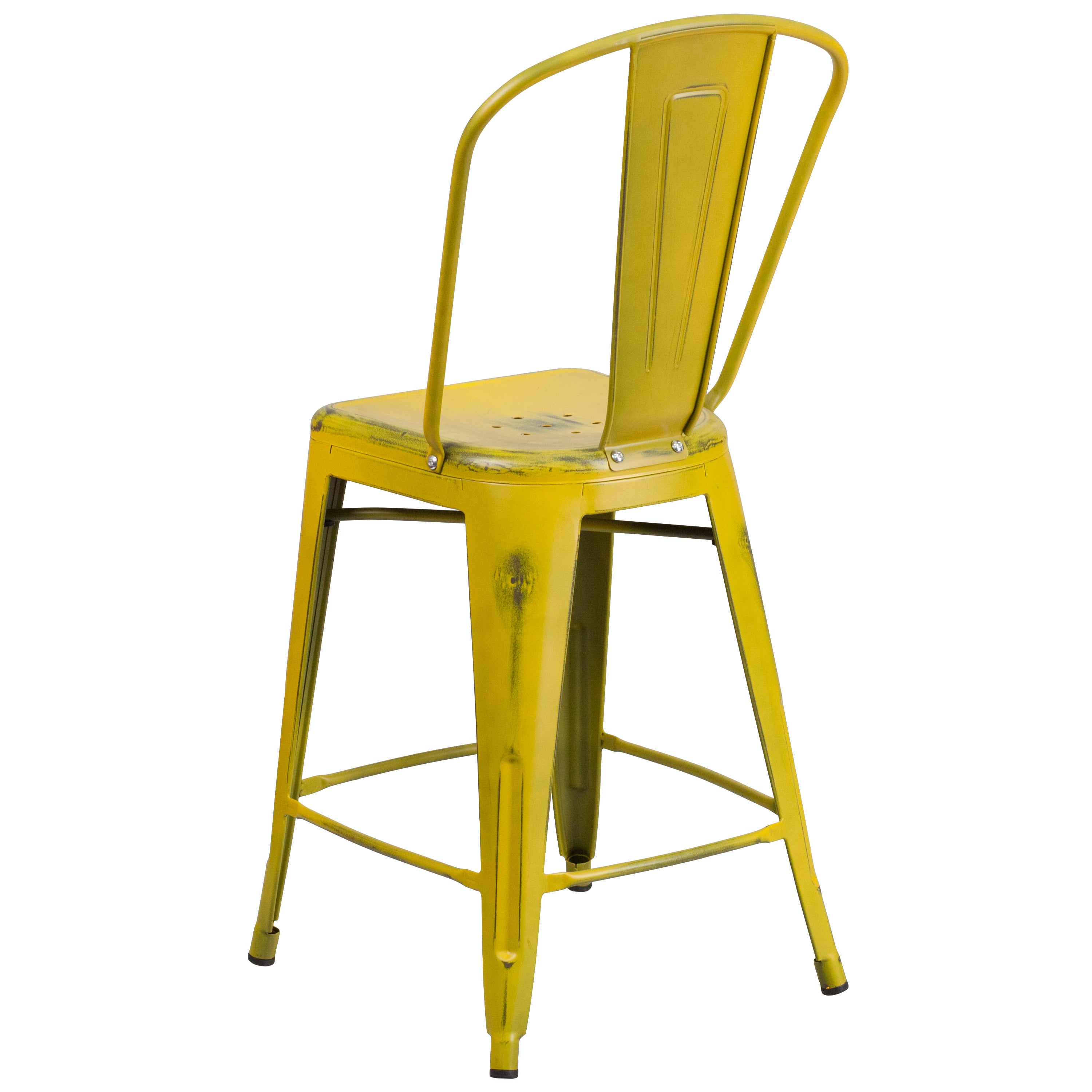 Carly Commercial Grade 24" High Distressed Yellow Metal Indoor-Outdoor Counter Height Stool with Back