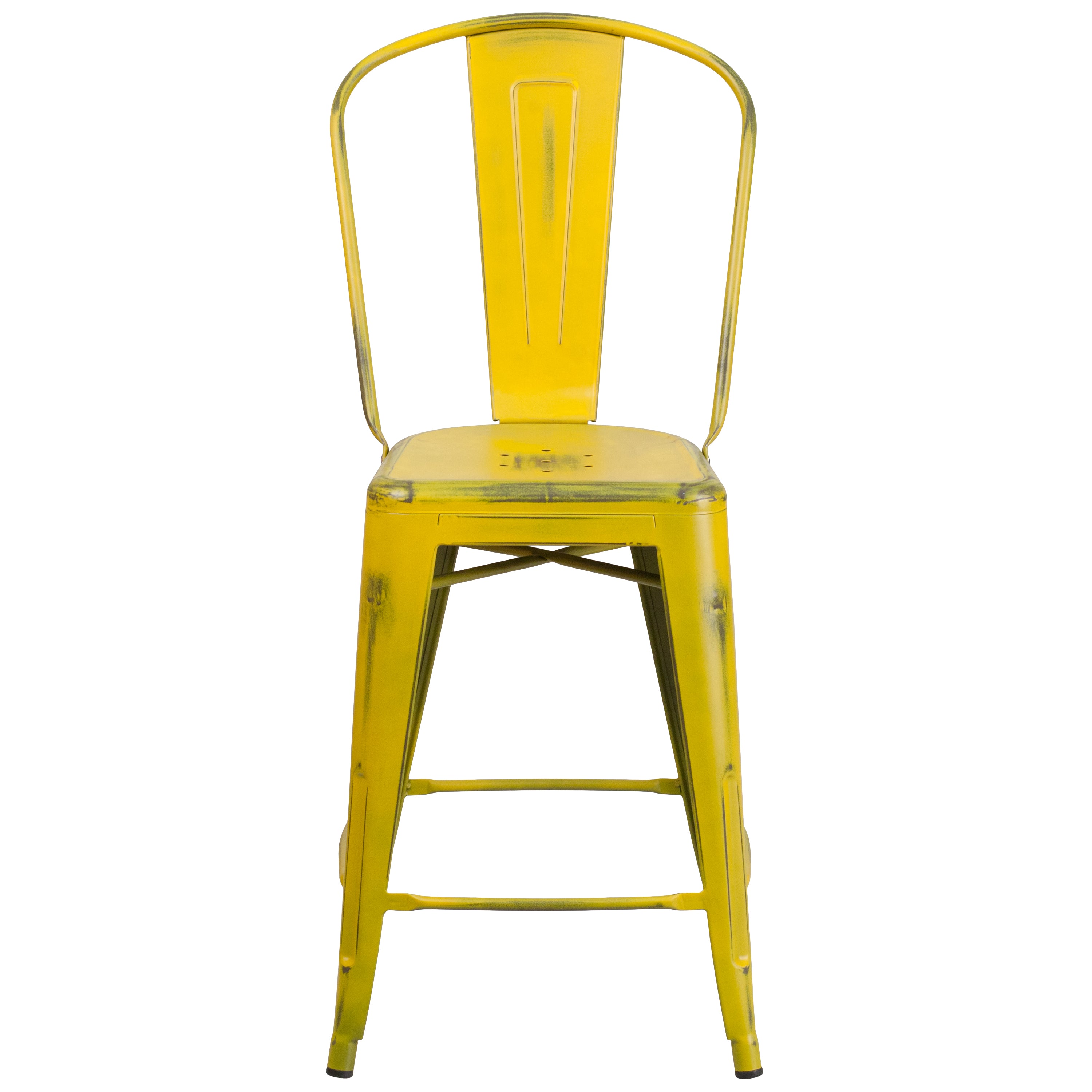 Carly Commercial Grade 24" High Distressed Yellow Metal Indoor-Outdoor Counter Height Stool with Back