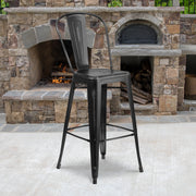 Cindy Commercial Grade 30" High Distressed Black Metal Indoor-Outdoor Barstool with Back