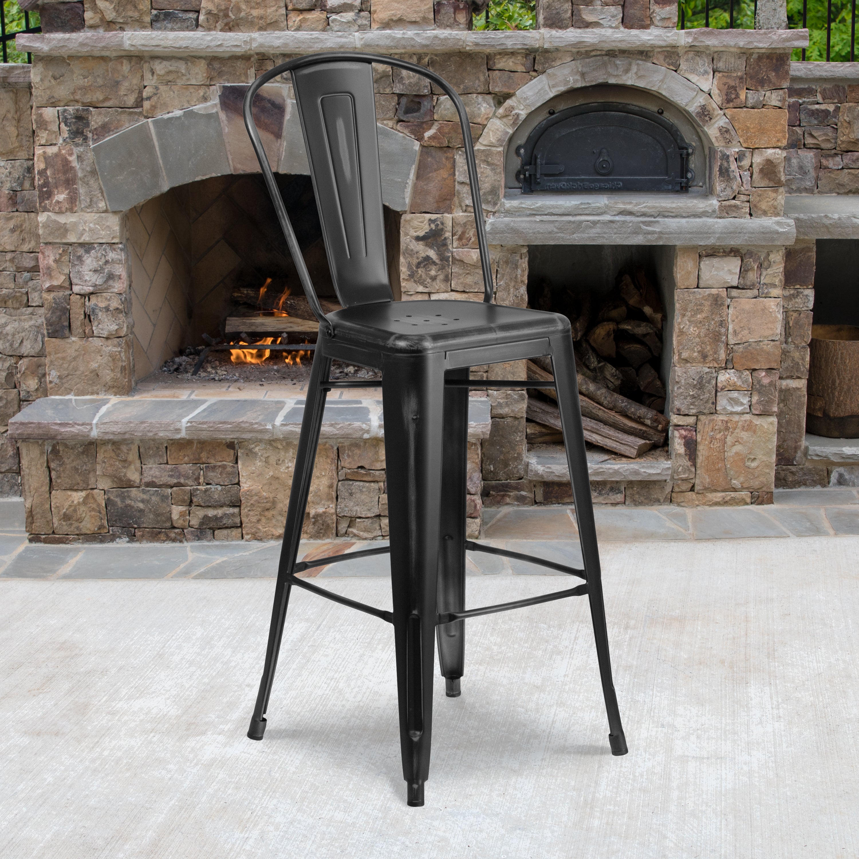Cindy Commercial Grade 30" High Distressed Black Metal Indoor-Outdoor Barstool with Back