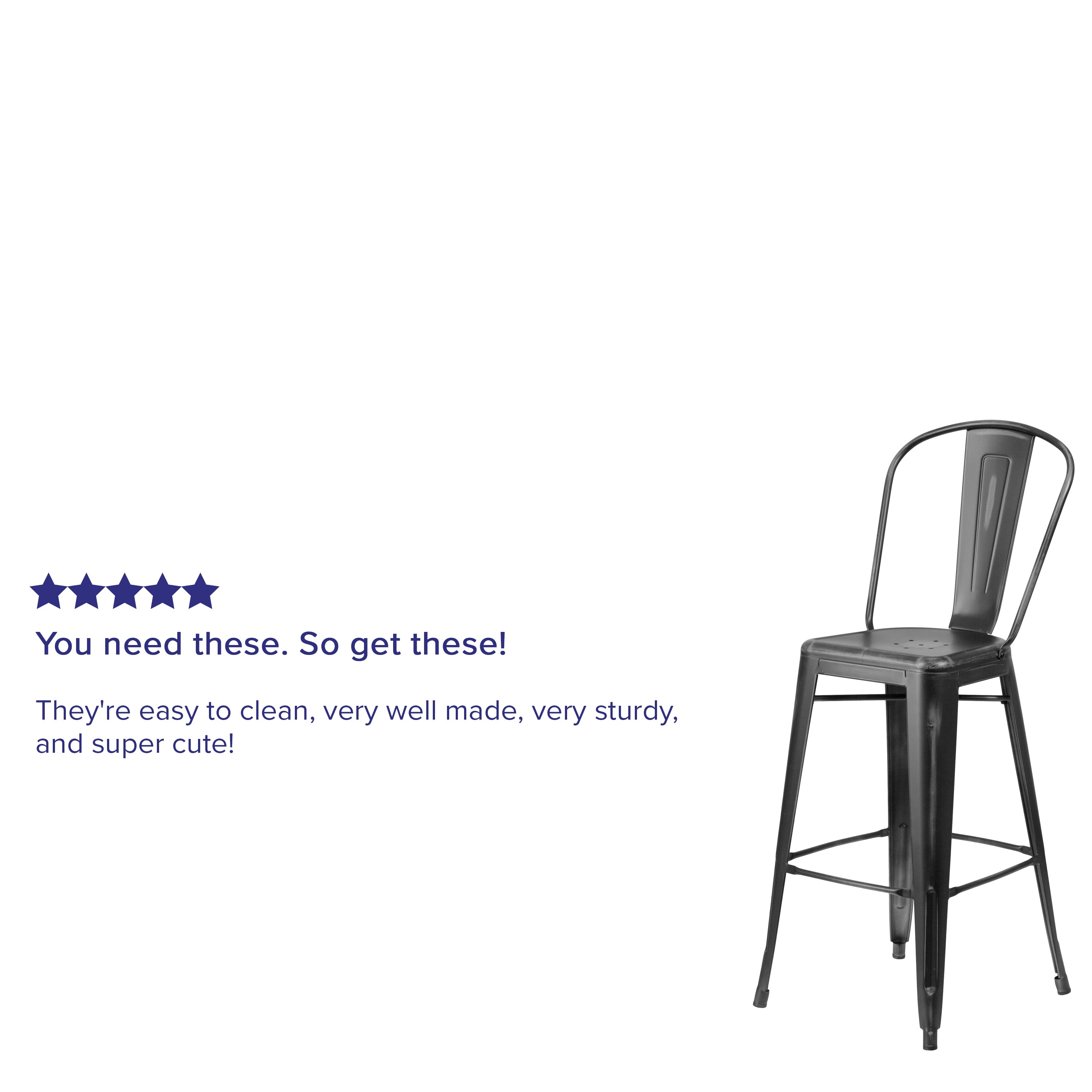 Cindy Commercial Grade 30" High Distressed Black Metal Indoor-Outdoor Barstool with Back