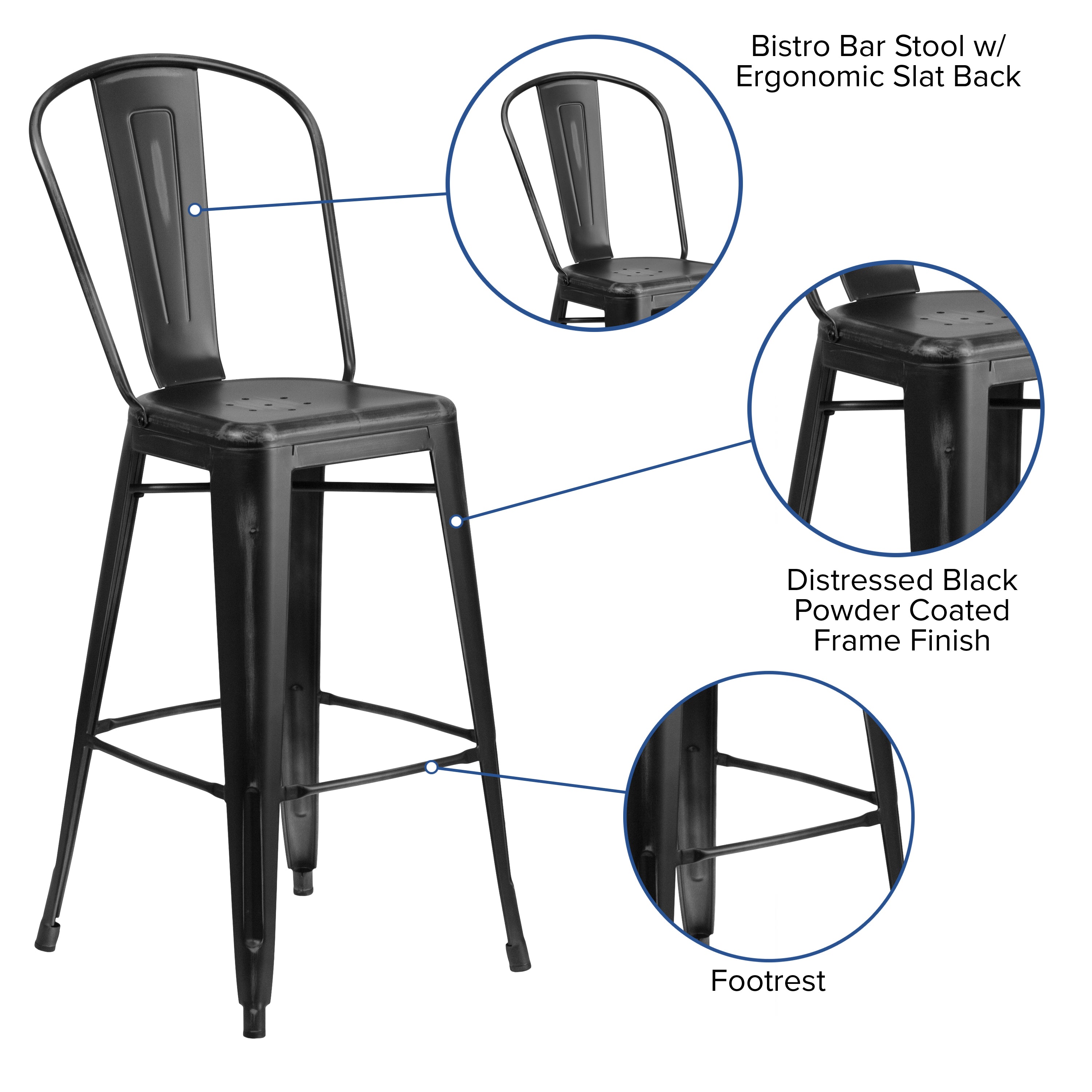 Cindy Commercial Grade 30" High Distressed Black Metal Indoor-Outdoor Barstool with Back