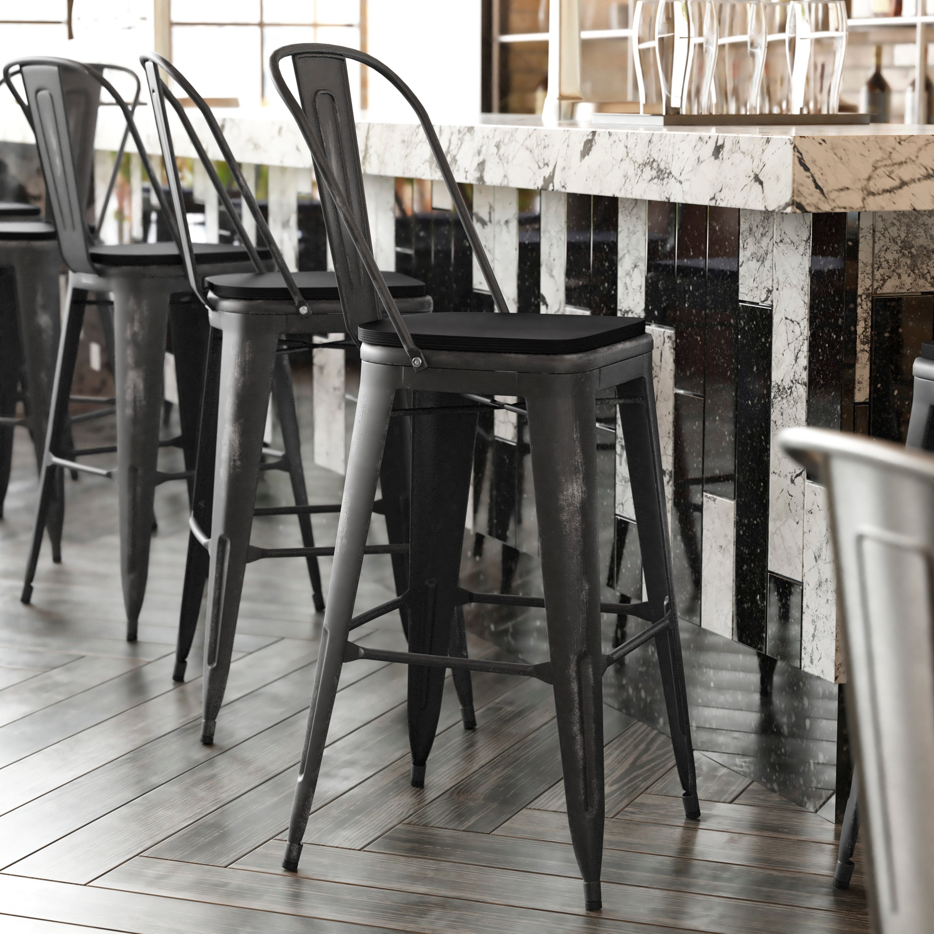 Carly Commercial Grade 30" High Black Metal Indoor-Outdoor Barstool with Back with Black Poly Resin Wood Seat