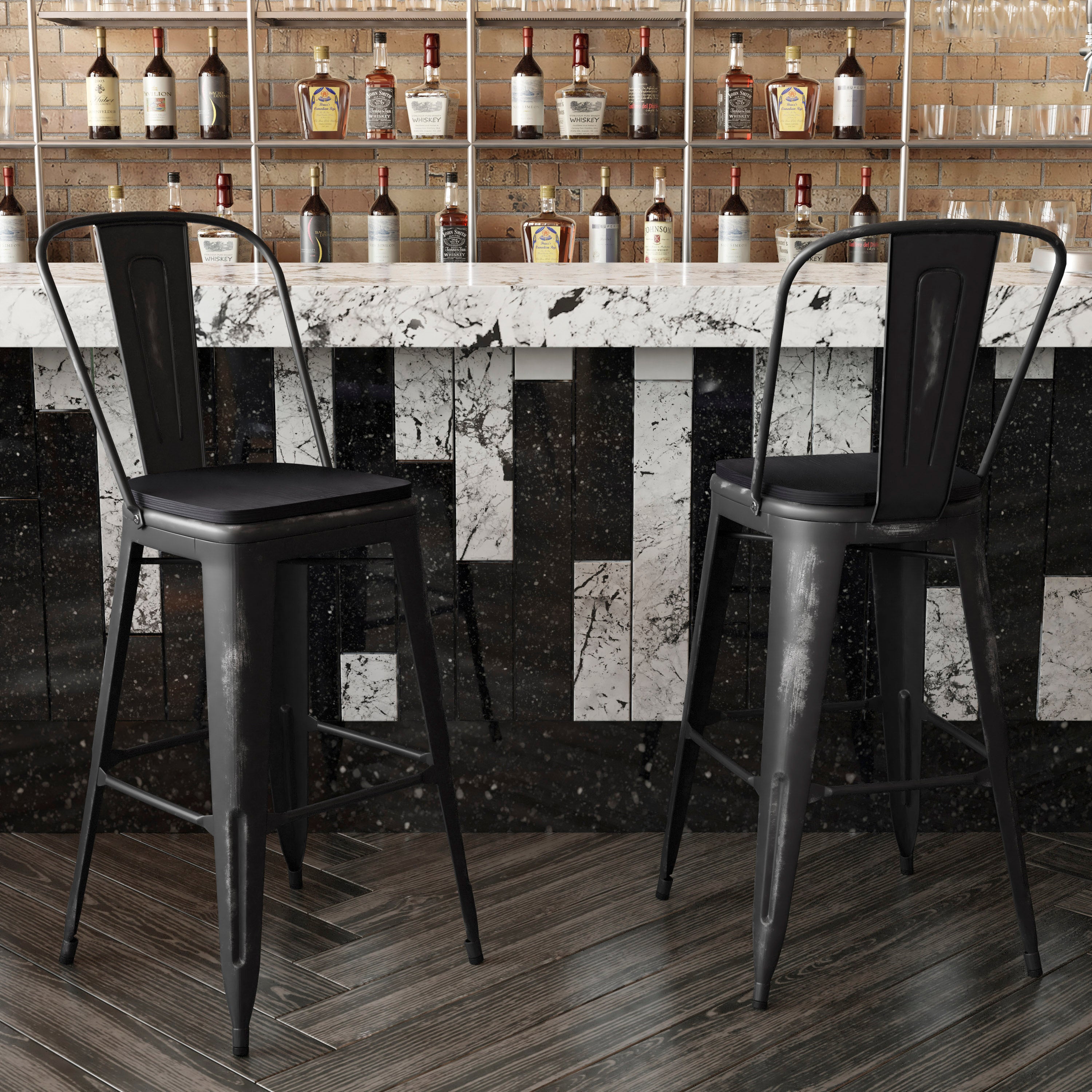 Carly Commercial Grade 30" High Black Metal Indoor-Outdoor Barstool with Back with Black Poly Resin Wood Seat