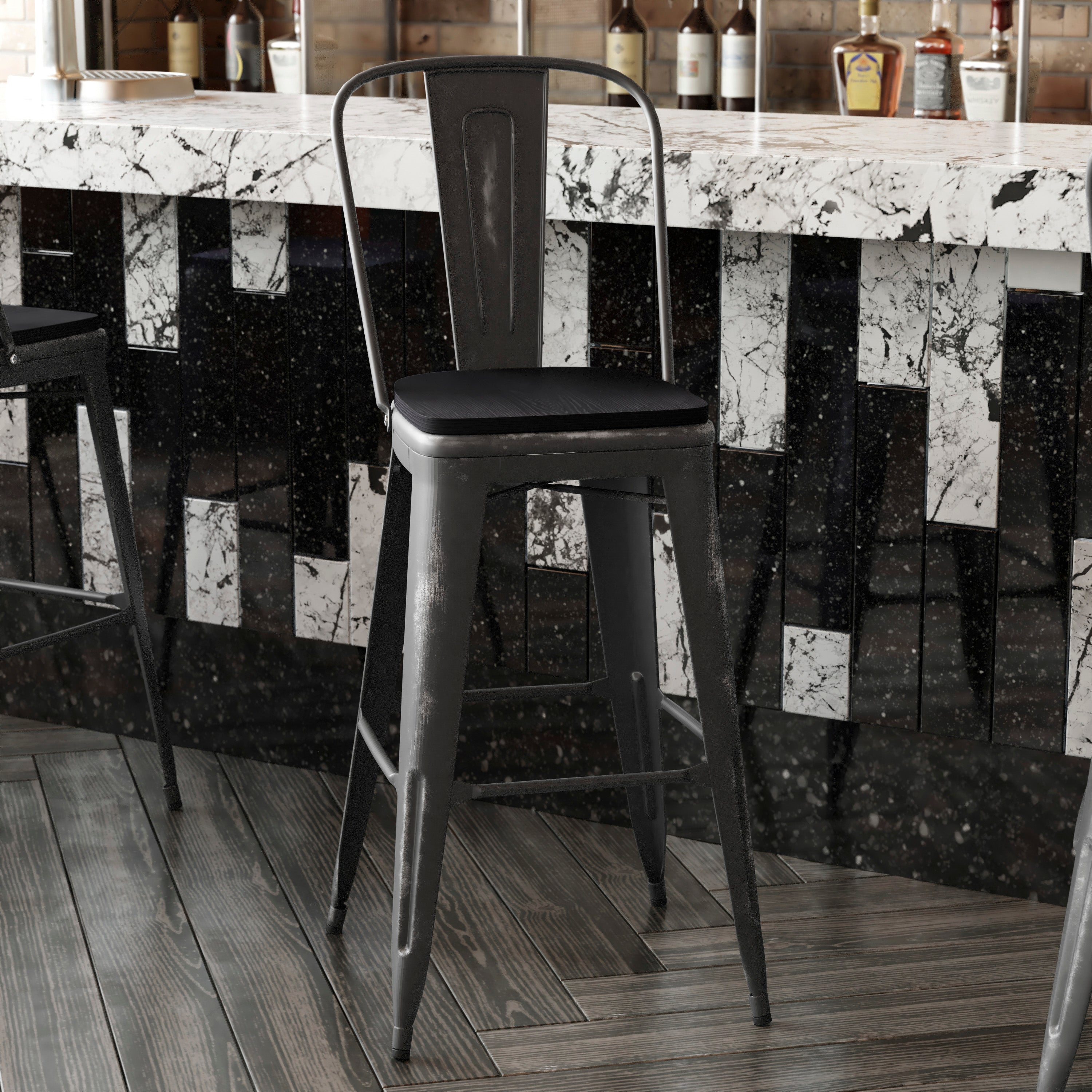 Carly Commercial Grade 30" High Black Metal Indoor-Outdoor Barstool with Back with Black Poly Resin Wood Seat