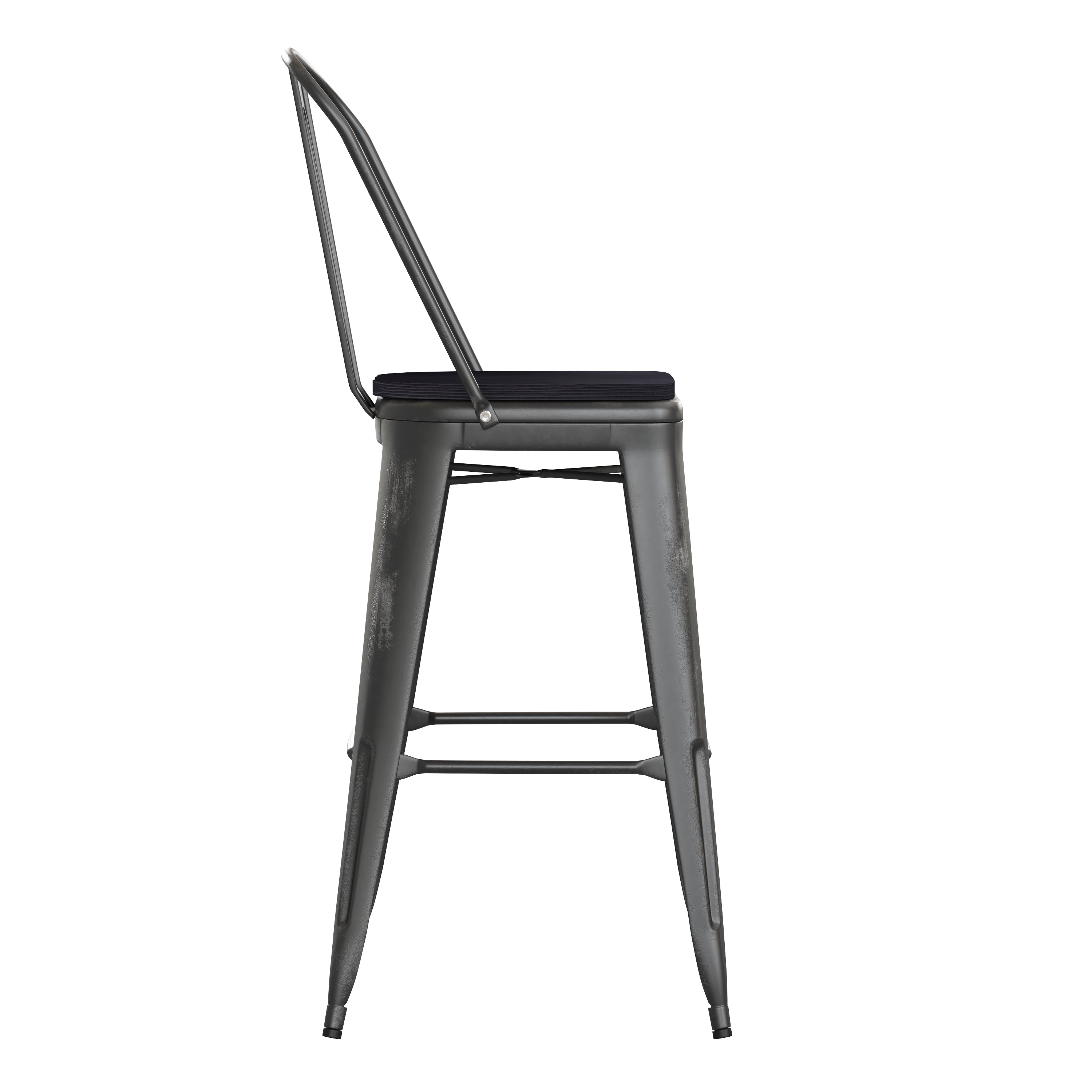 Carly Commercial Grade 30" High Black Metal Indoor-Outdoor Barstool with Back with Black Poly Resin Wood Seat