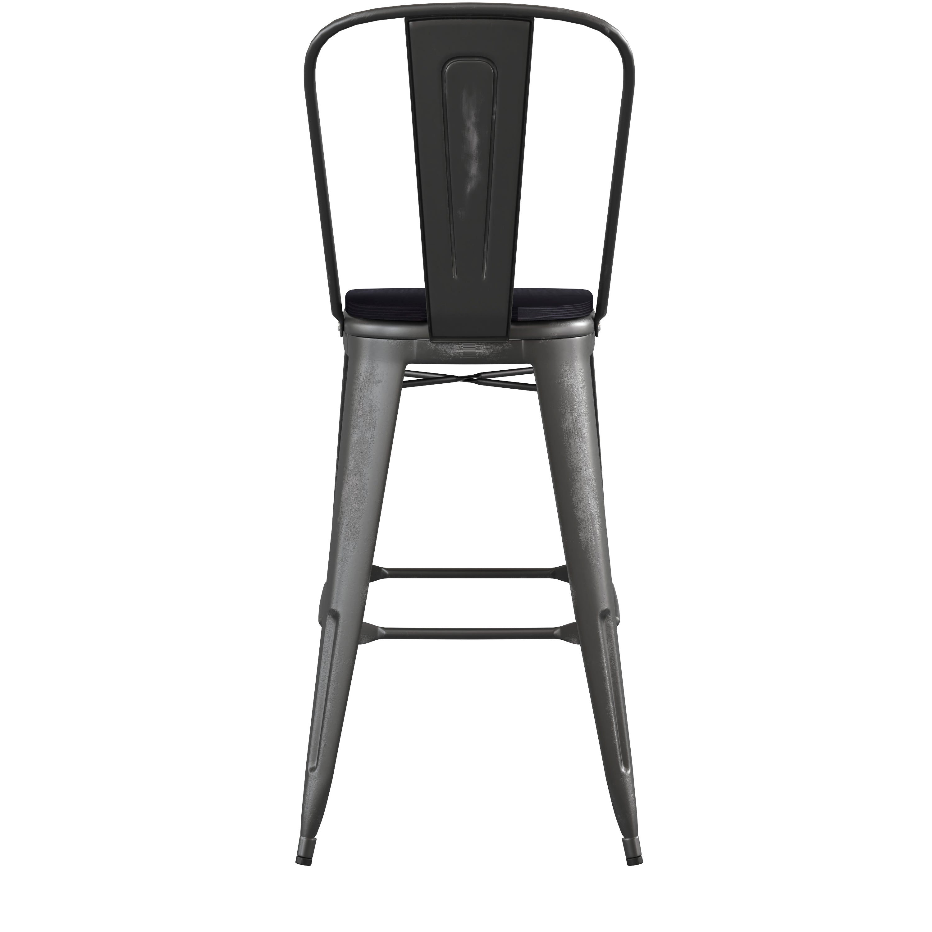 Carly Commercial Grade 30" High Black Metal Indoor-Outdoor Barstool with Back with Black Poly Resin Wood Seat