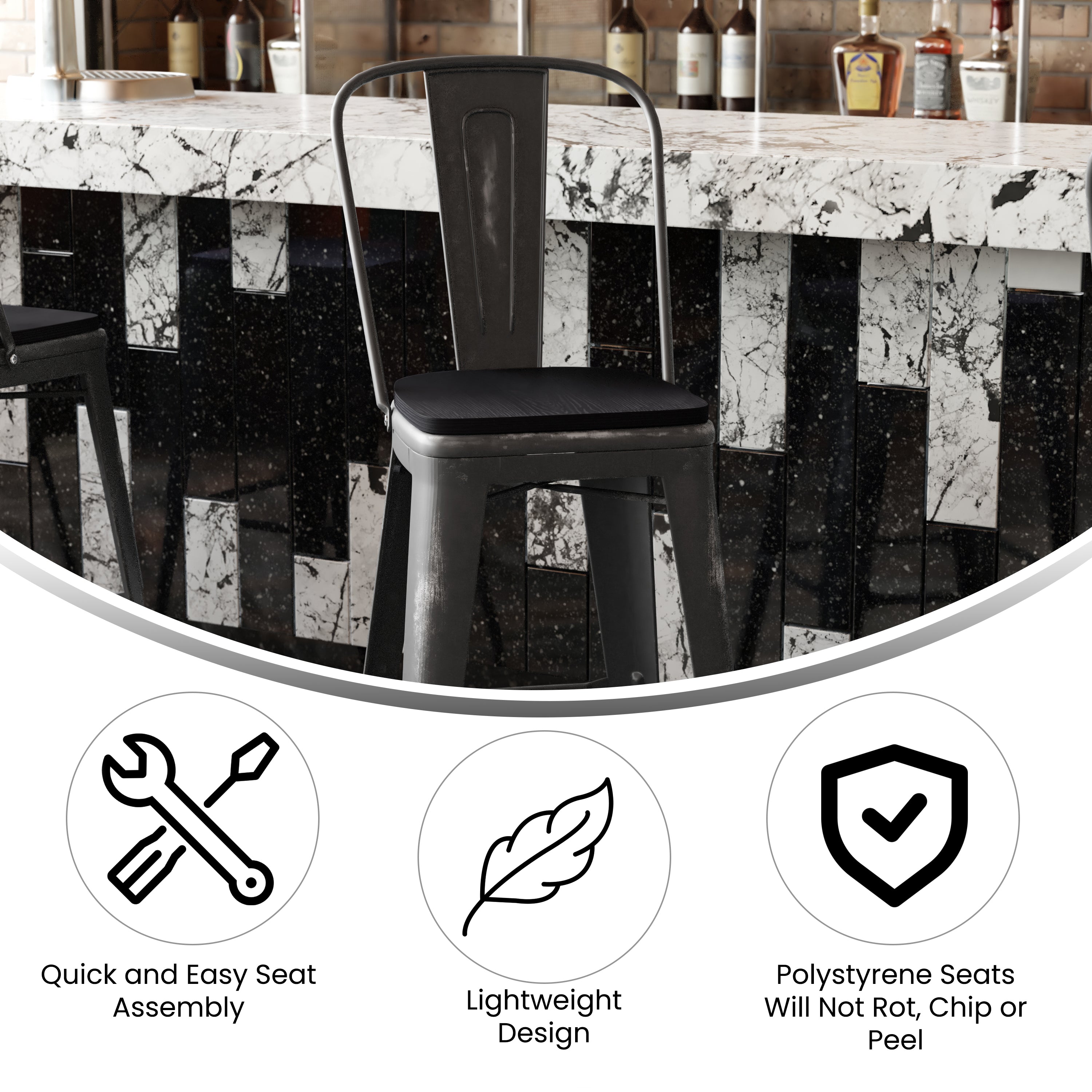 Carly Commercial Grade 30" High Black Metal Indoor-Outdoor Barstool with Back with Black Poly Resin Wood Seat