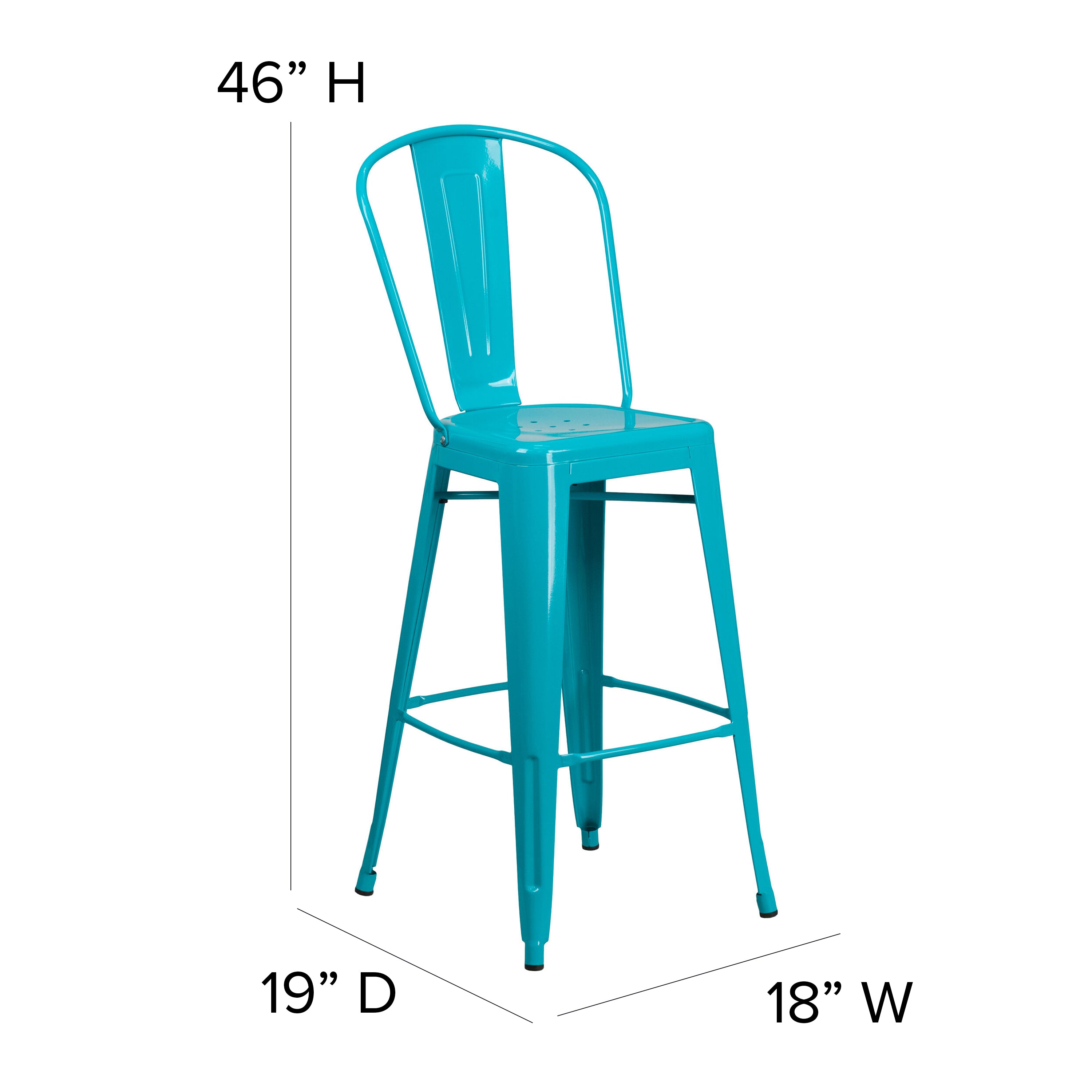 Cindy Commercial Grade 30" High Crystal Teal-Blue Metal Indoor-Outdoor Barstool with Back