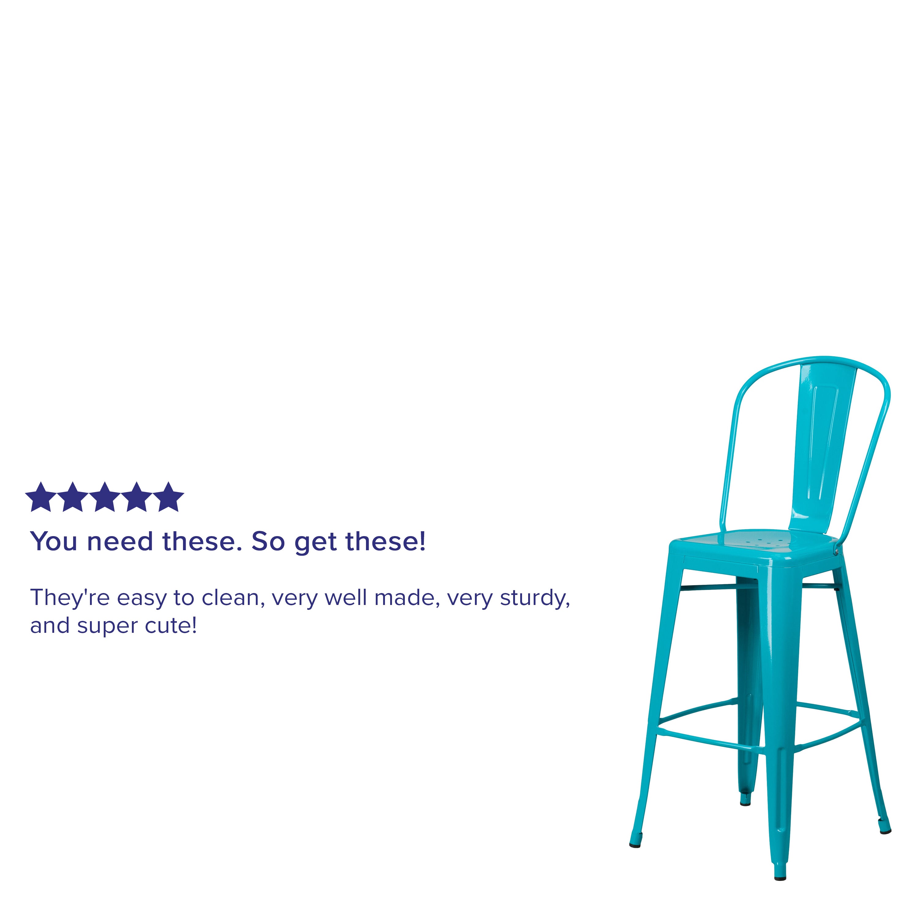 Cindy Commercial Grade 30" High Crystal Teal-Blue Metal Indoor-Outdoor Barstool with Back