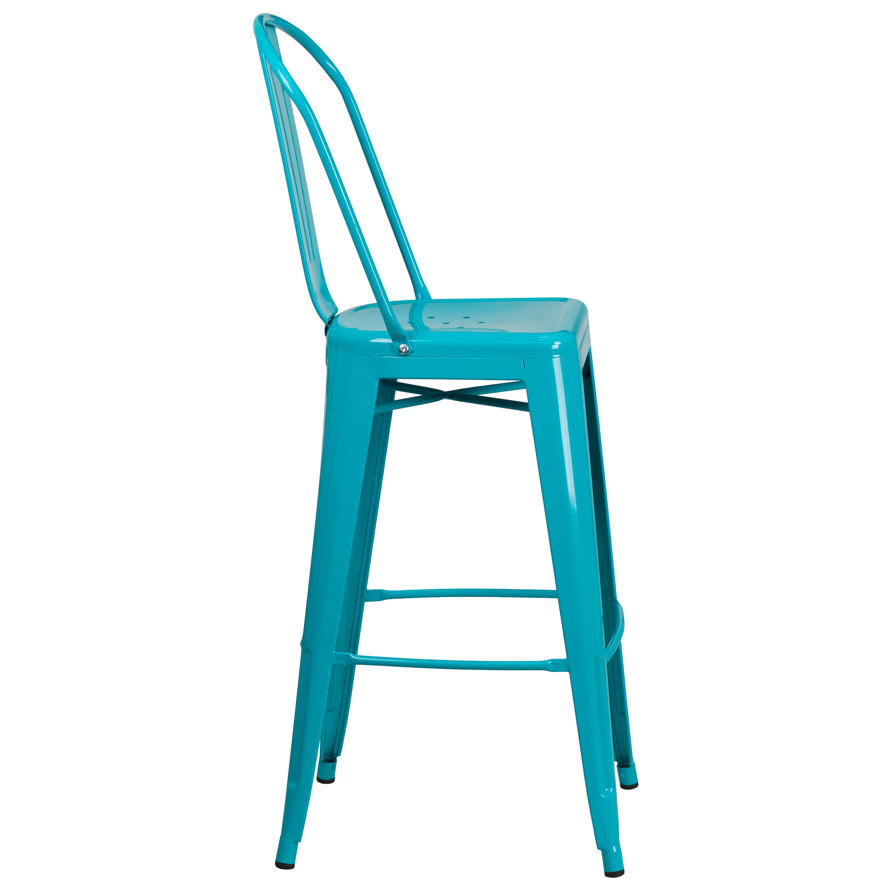Cindy Commercial Grade 30" High Crystal Teal-Blue Metal Indoor-Outdoor Barstool with Back