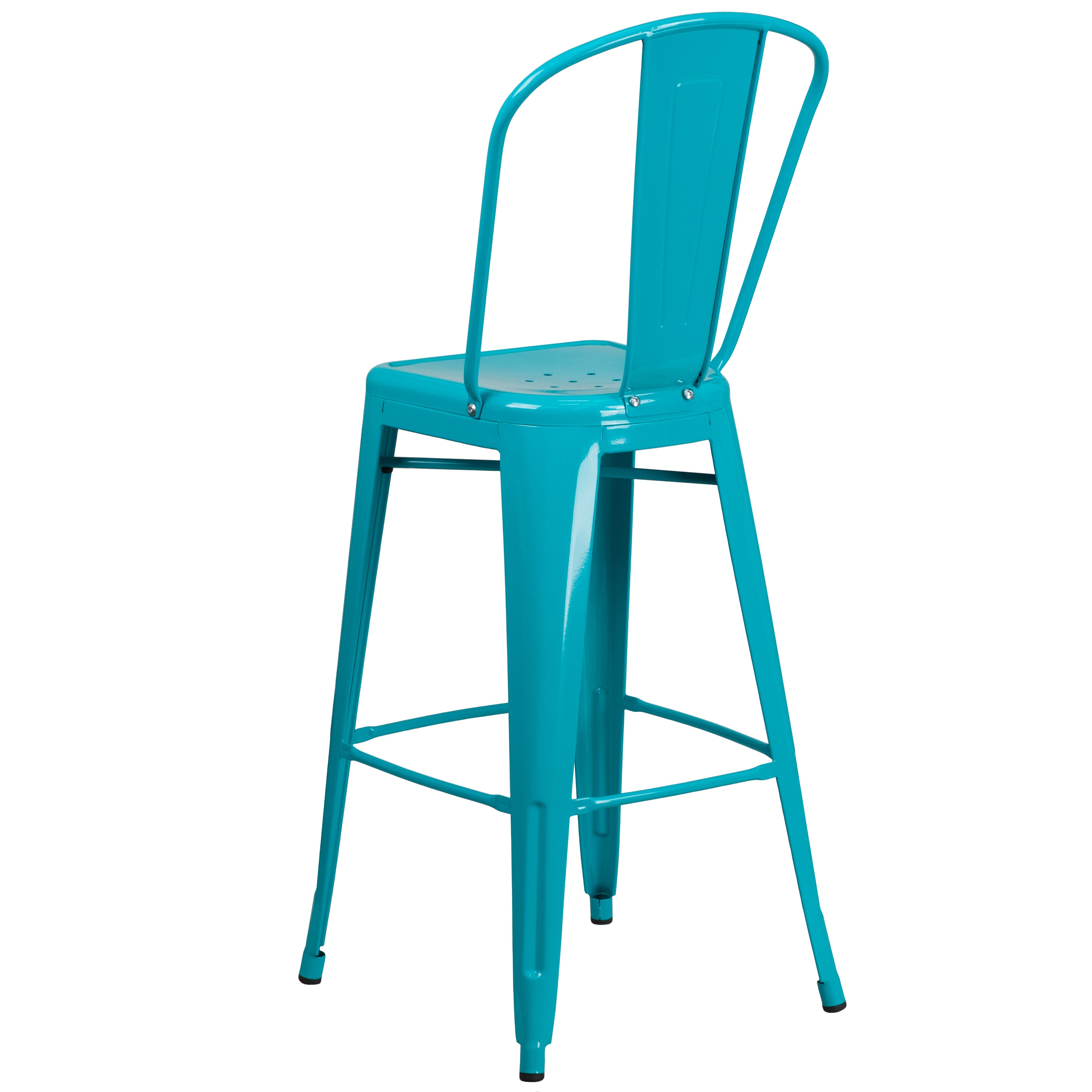 Cindy Commercial Grade 30" High Crystal Teal-Blue Metal Indoor-Outdoor Barstool with Back
