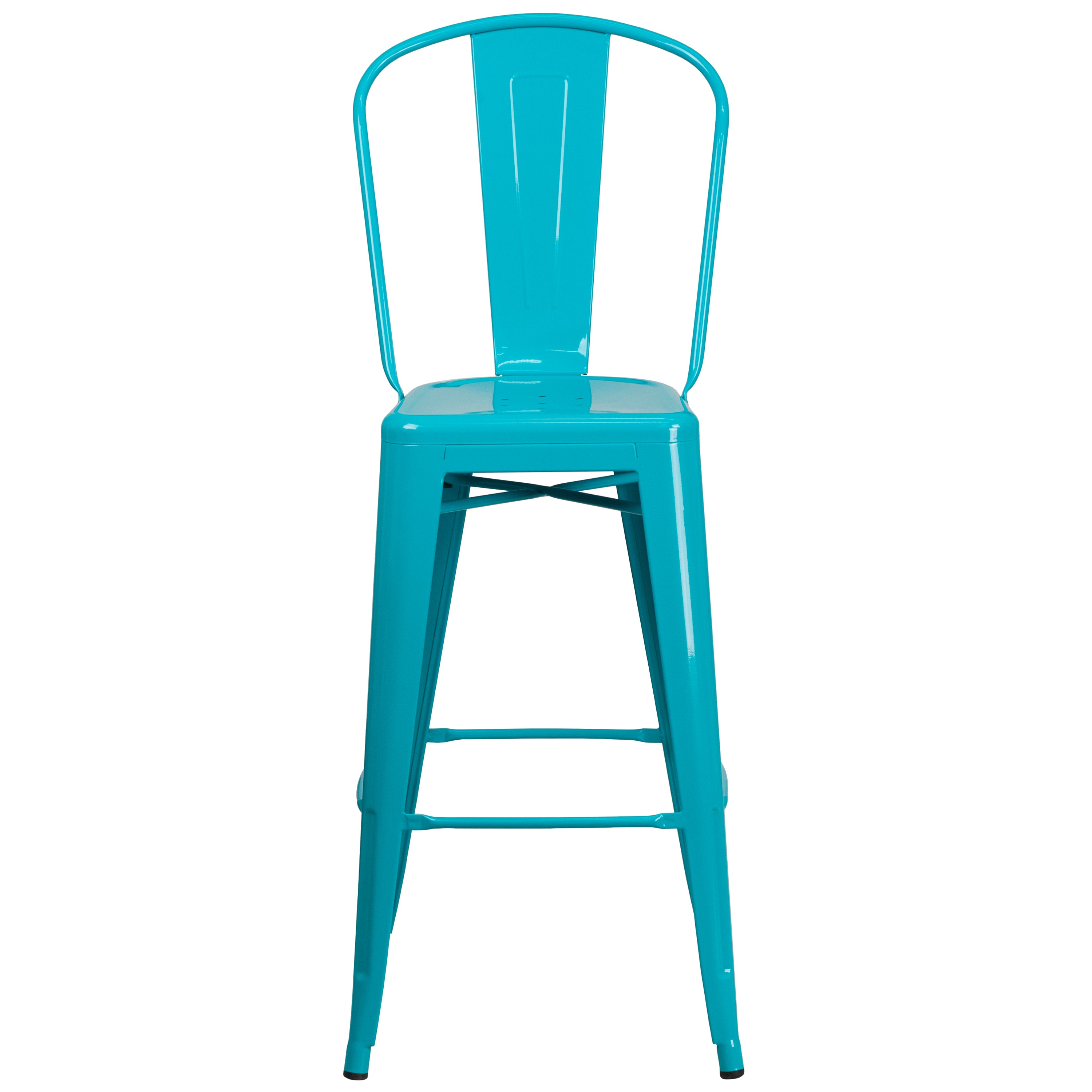 Cindy Commercial Grade 30" High Crystal Teal-Blue Metal Indoor-Outdoor Barstool with Back