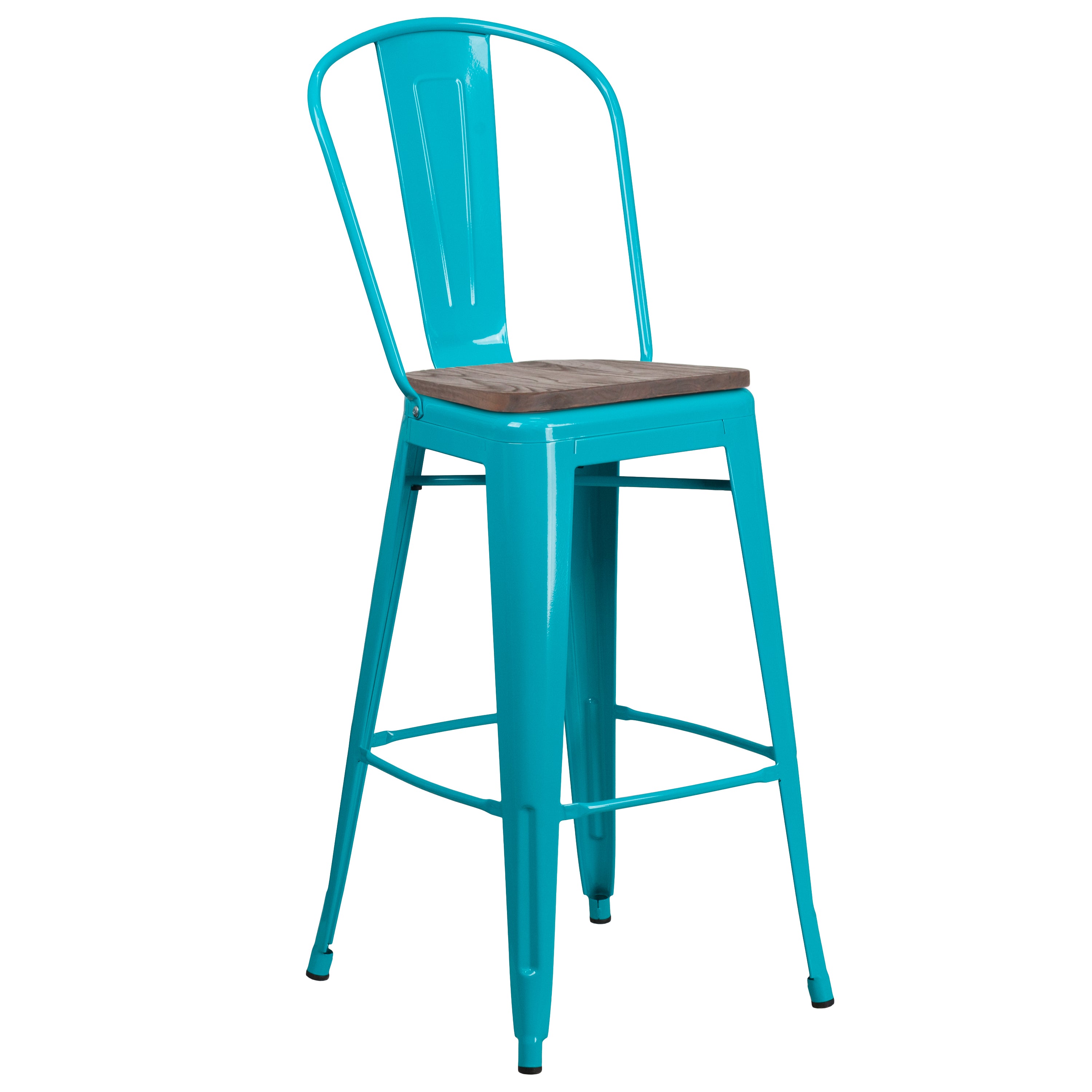 Cindy 30" High Crystal Teal-Blue Metal Barstool with Back and Wood Seat