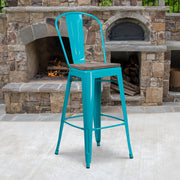 Cindy 30" High Crystal Teal-Blue Metal Barstool with Back and Wood Seat