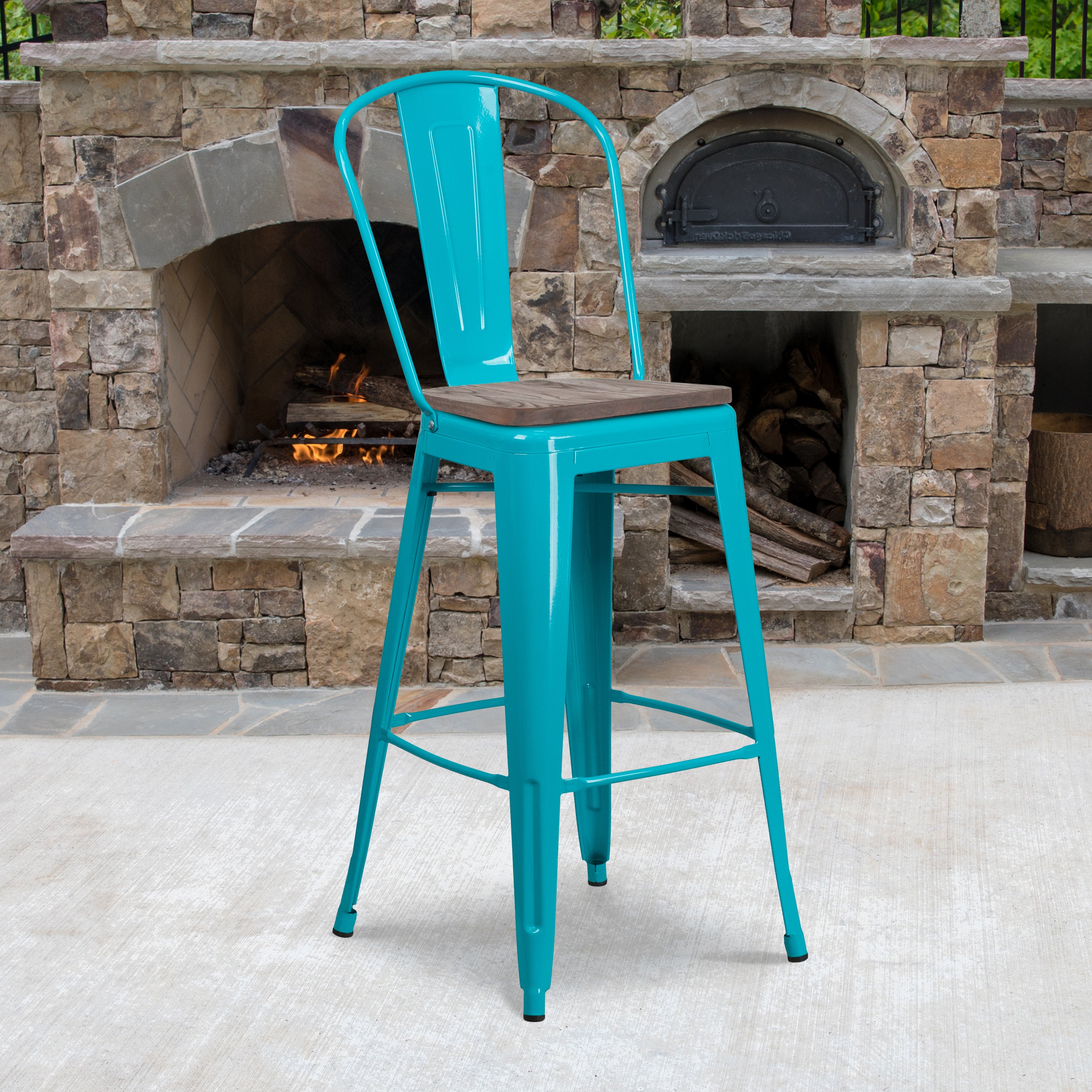 Cindy 30" High Crystal Teal-Blue Metal Barstool with Back and Wood Seat