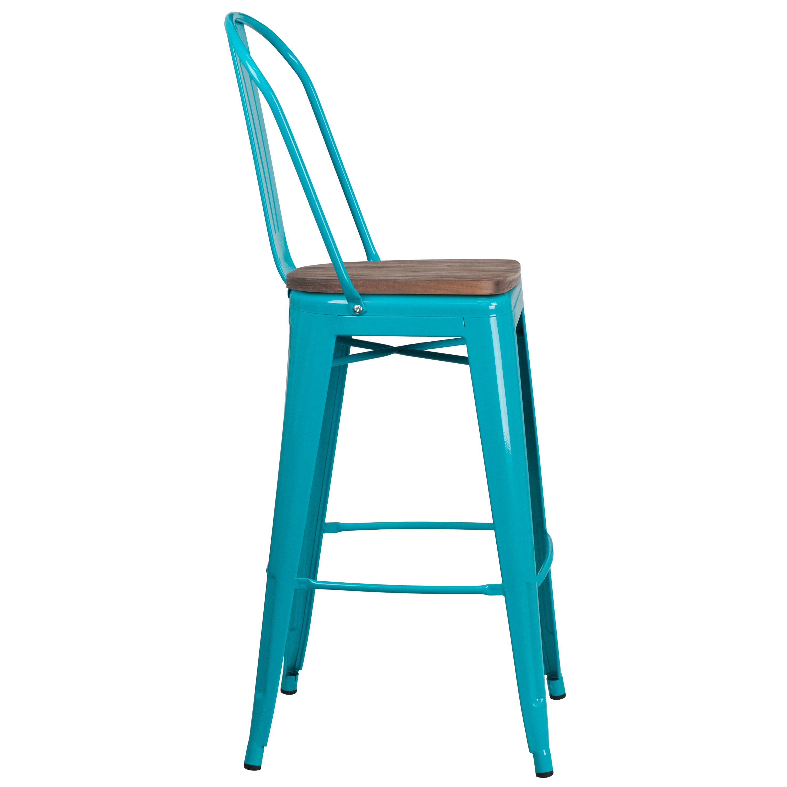 Cindy 30" High Crystal Teal-Blue Metal Barstool with Back and Wood Seat