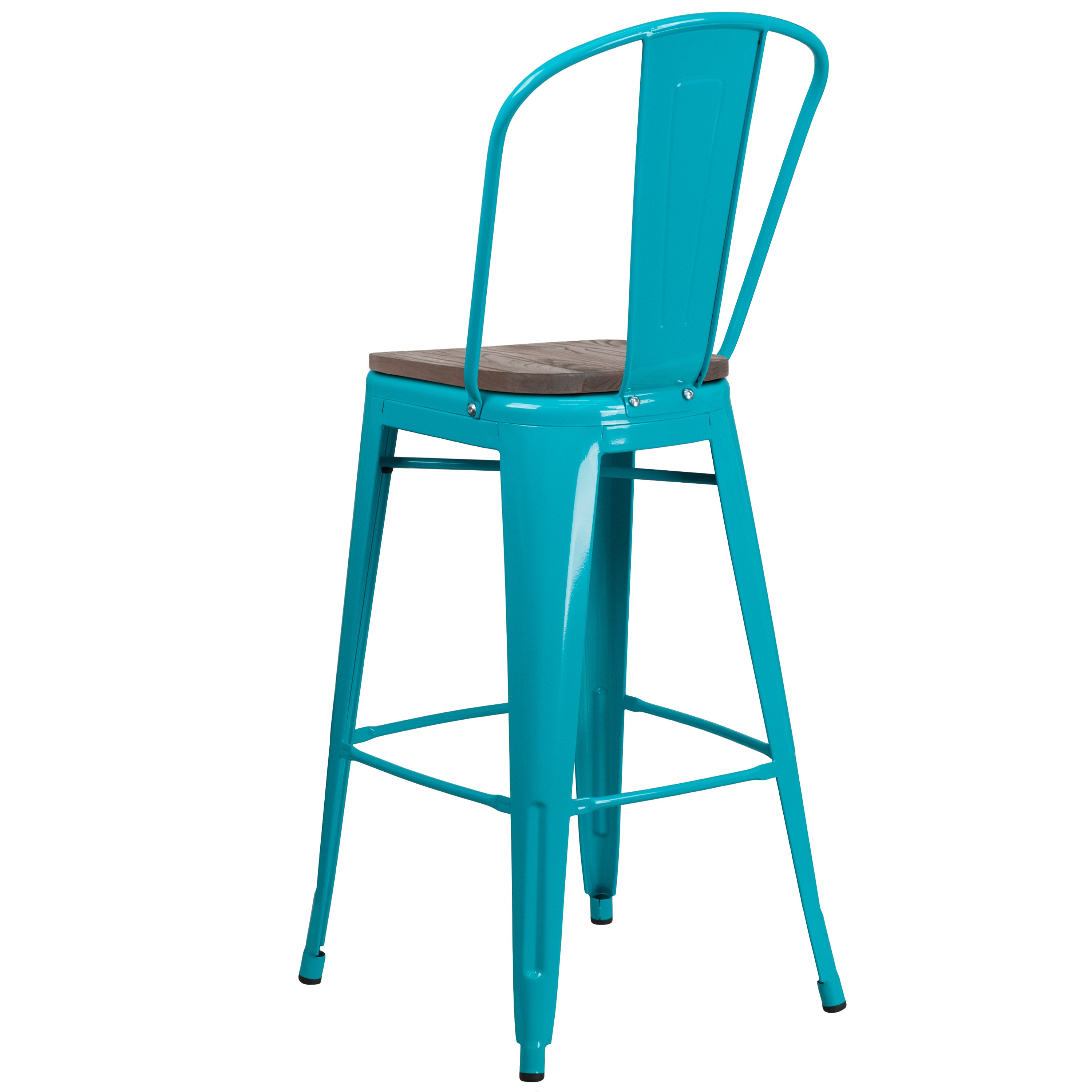 Cindy 30" High Crystal Teal-Blue Metal Barstool with Back and Wood Seat
