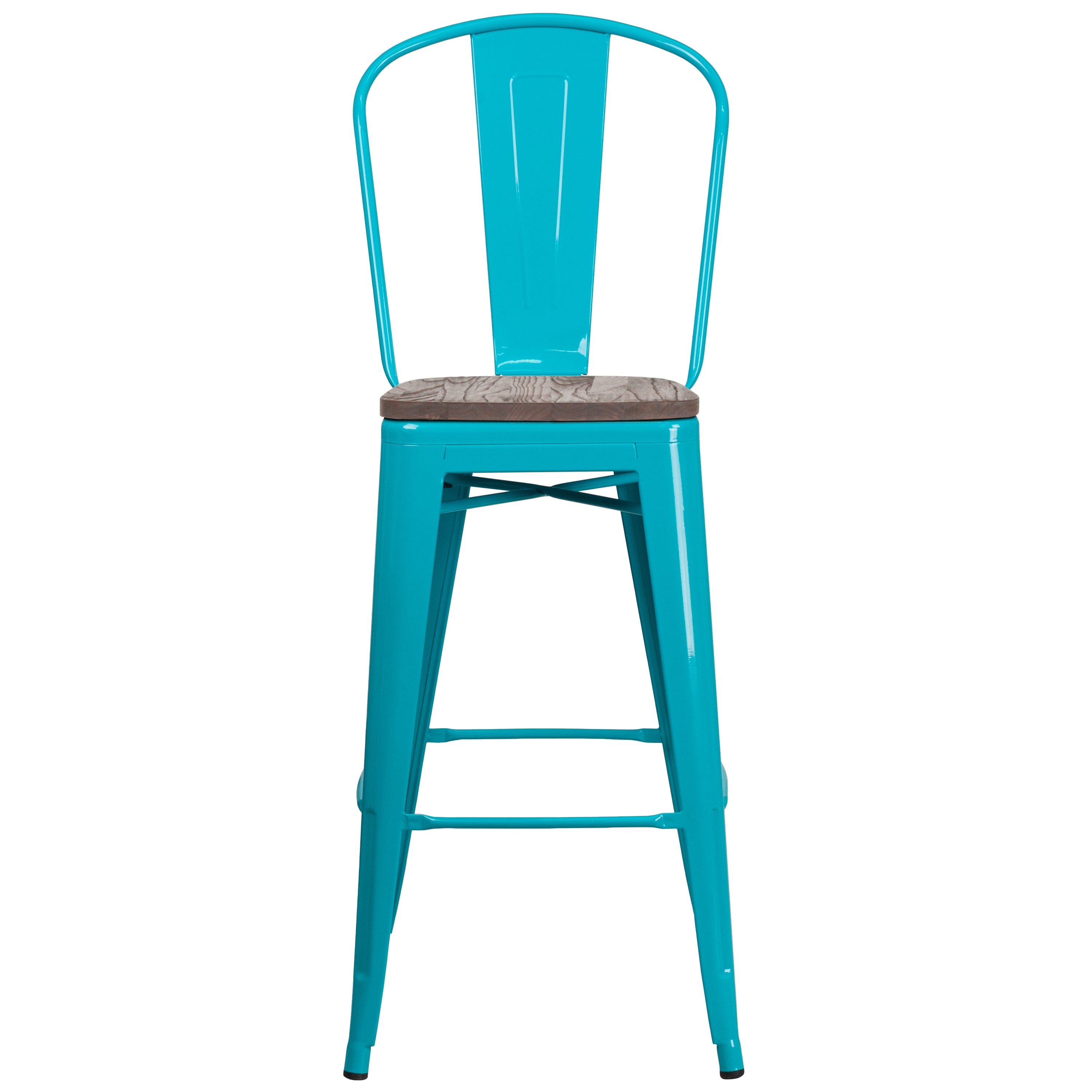 Cindy 30" High Crystal Teal-Blue Metal Barstool with Back and Wood Seat