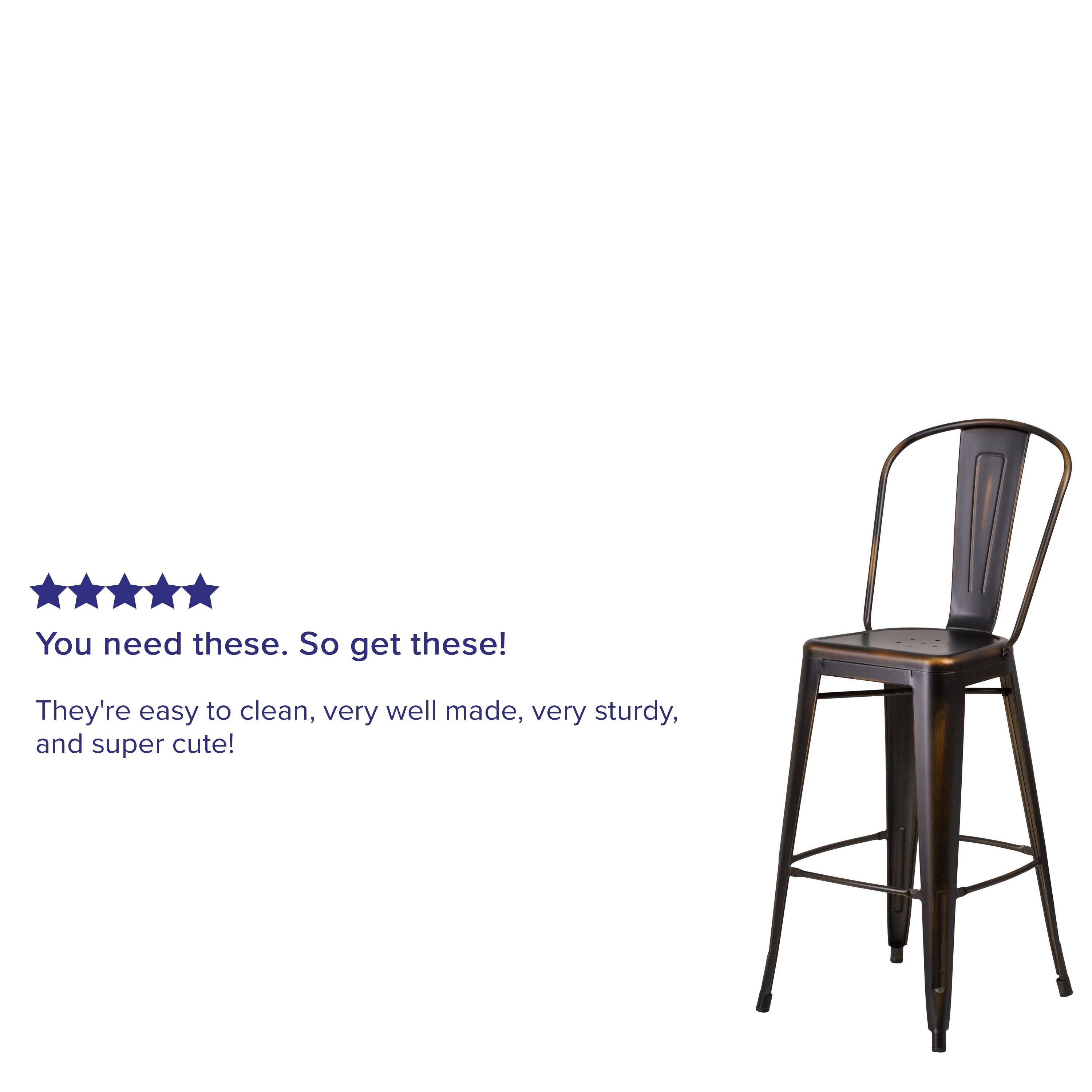 Cindy Commercial Grade 30" High Distressed Copper Metal Indoor-Outdoor Barstool with Back