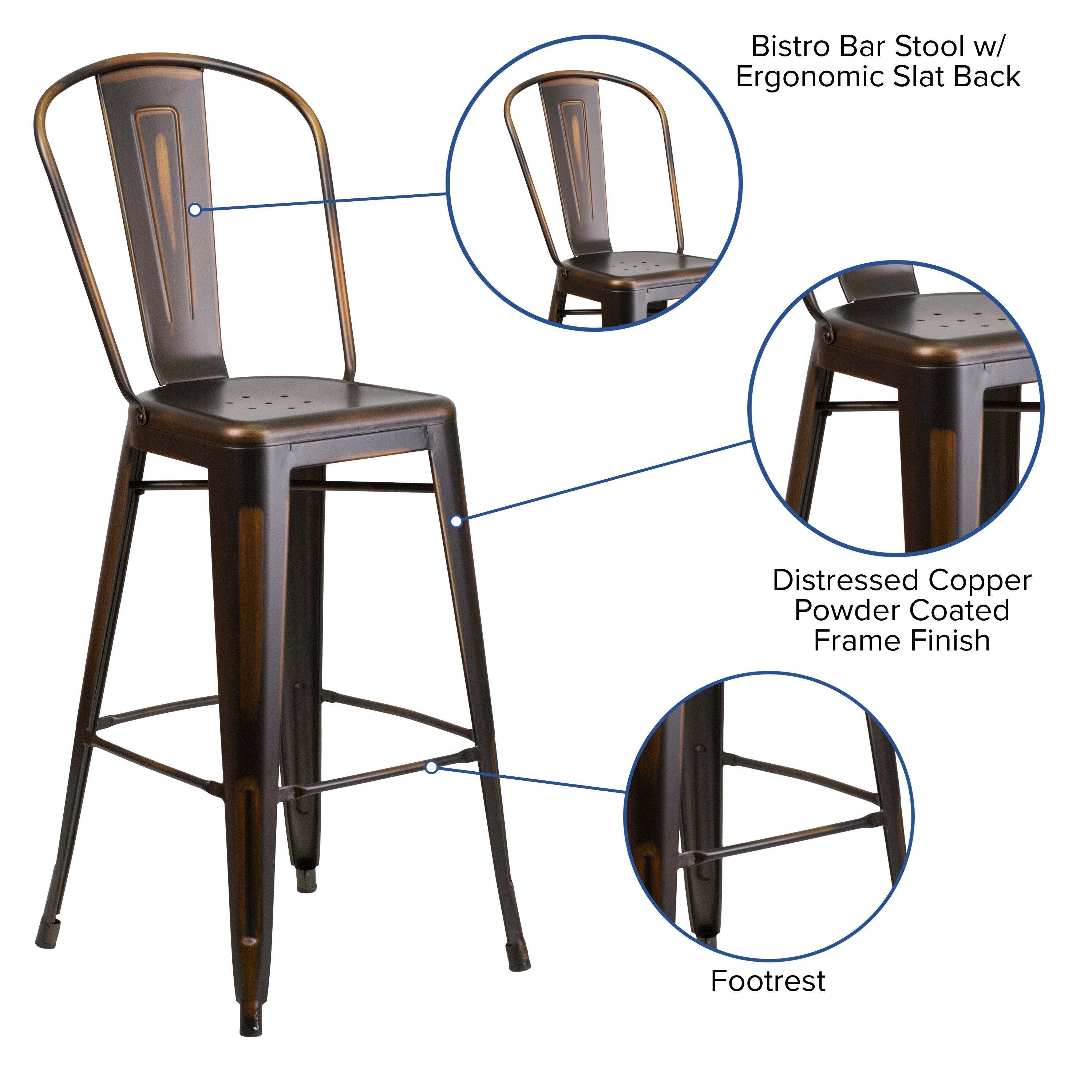 Cindy Commercial Grade 30" High Distressed Copper Metal Indoor-Outdoor Barstool with Back