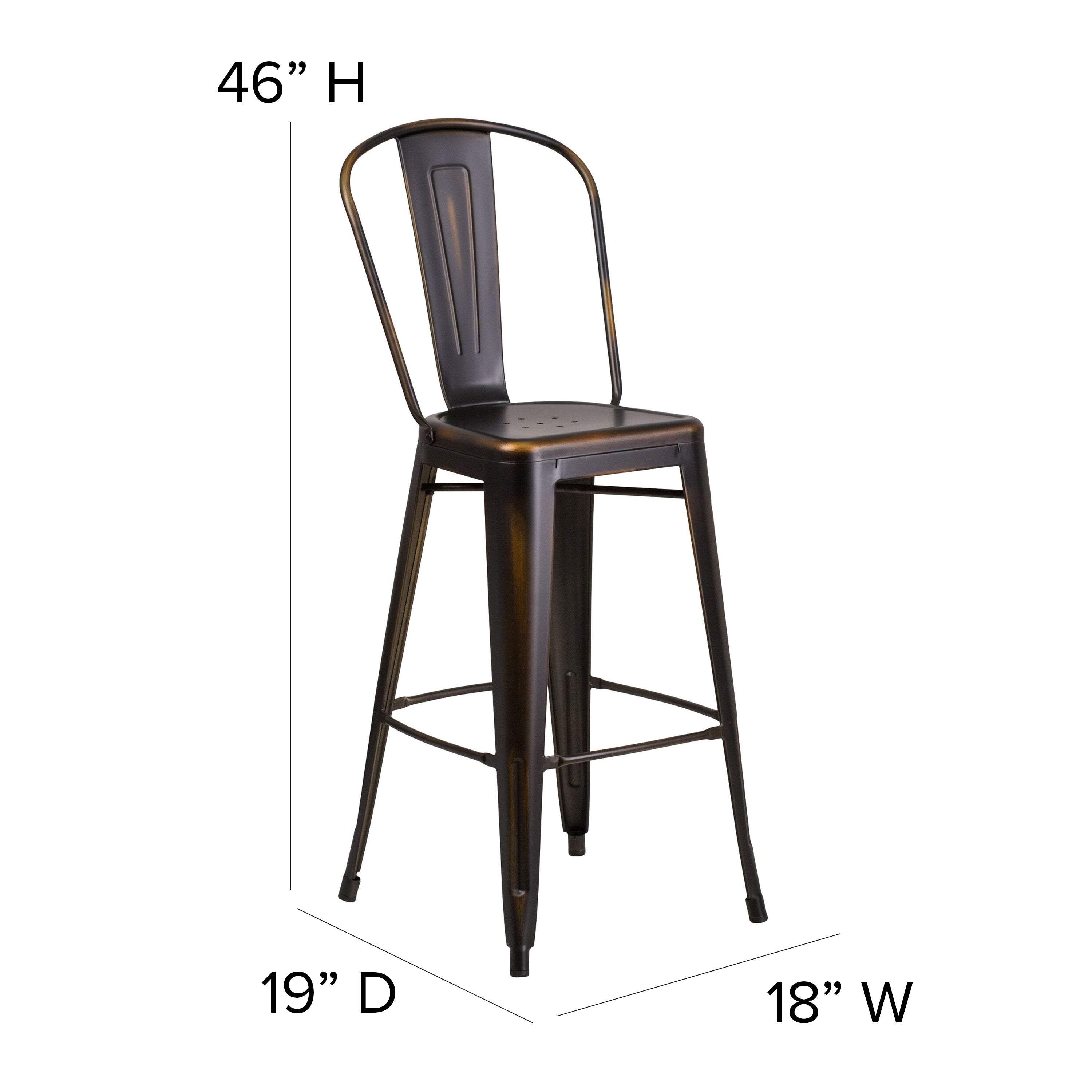Carly Commercial Grade 30" High Copper Metal Indoor-Outdoor Barstool with Back with Black Poly Resin Wood Seat