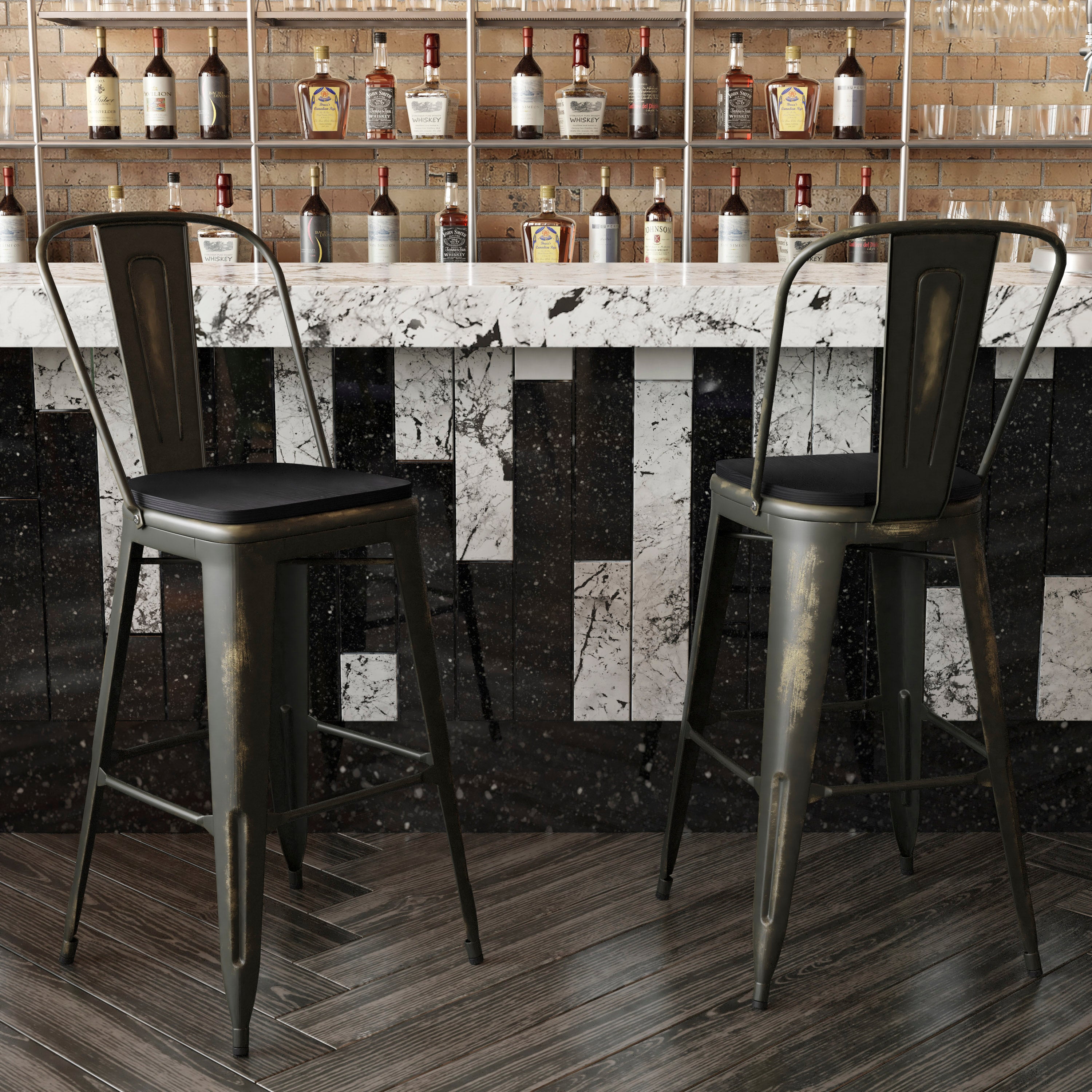 Carly Commercial Grade 30" High Copper Metal Indoor-Outdoor Barstool with Back with Black Poly Resin Wood Seat