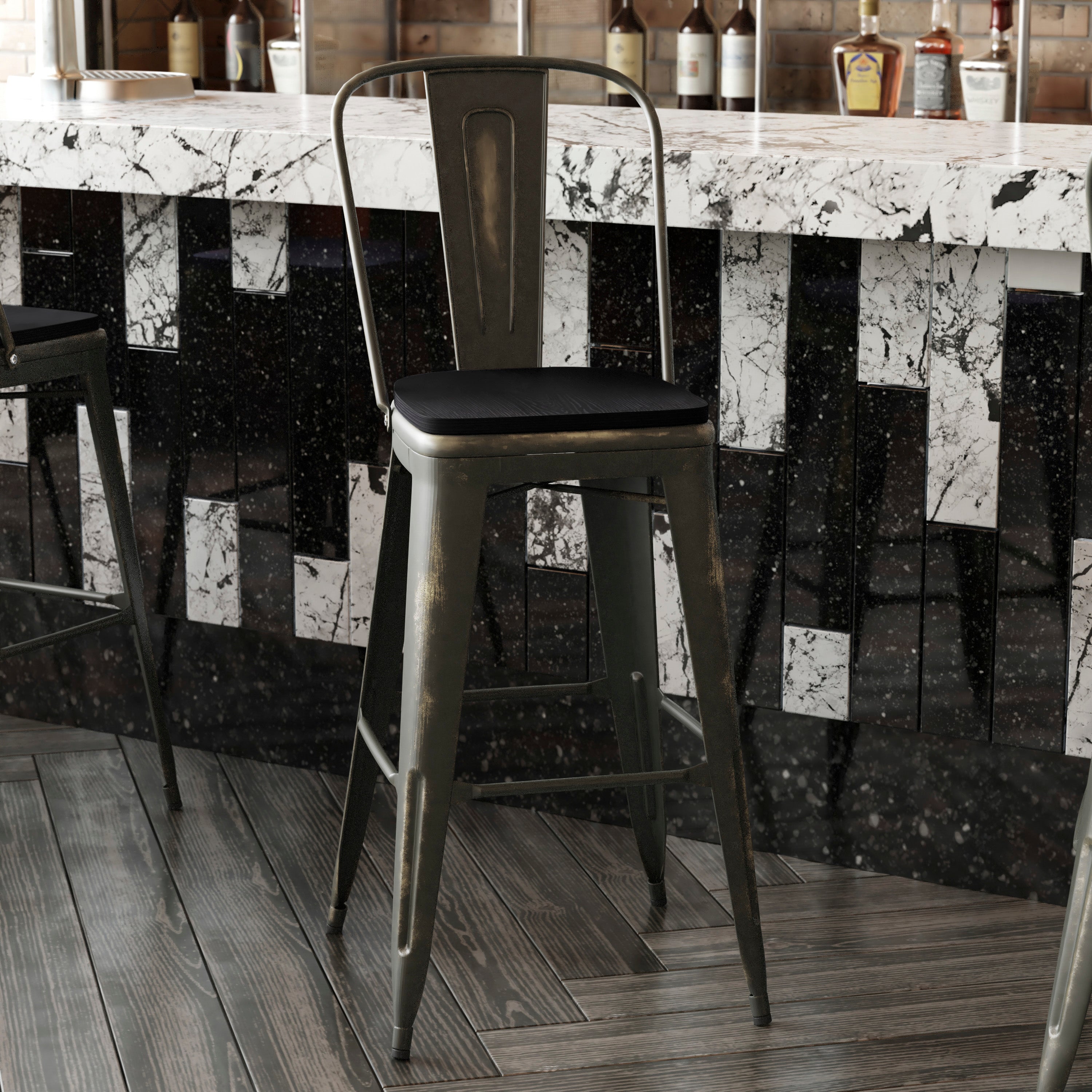 Carly Commercial Grade 30" High Copper Metal Indoor-Outdoor Barstool with Back with Black Poly Resin Wood Seat