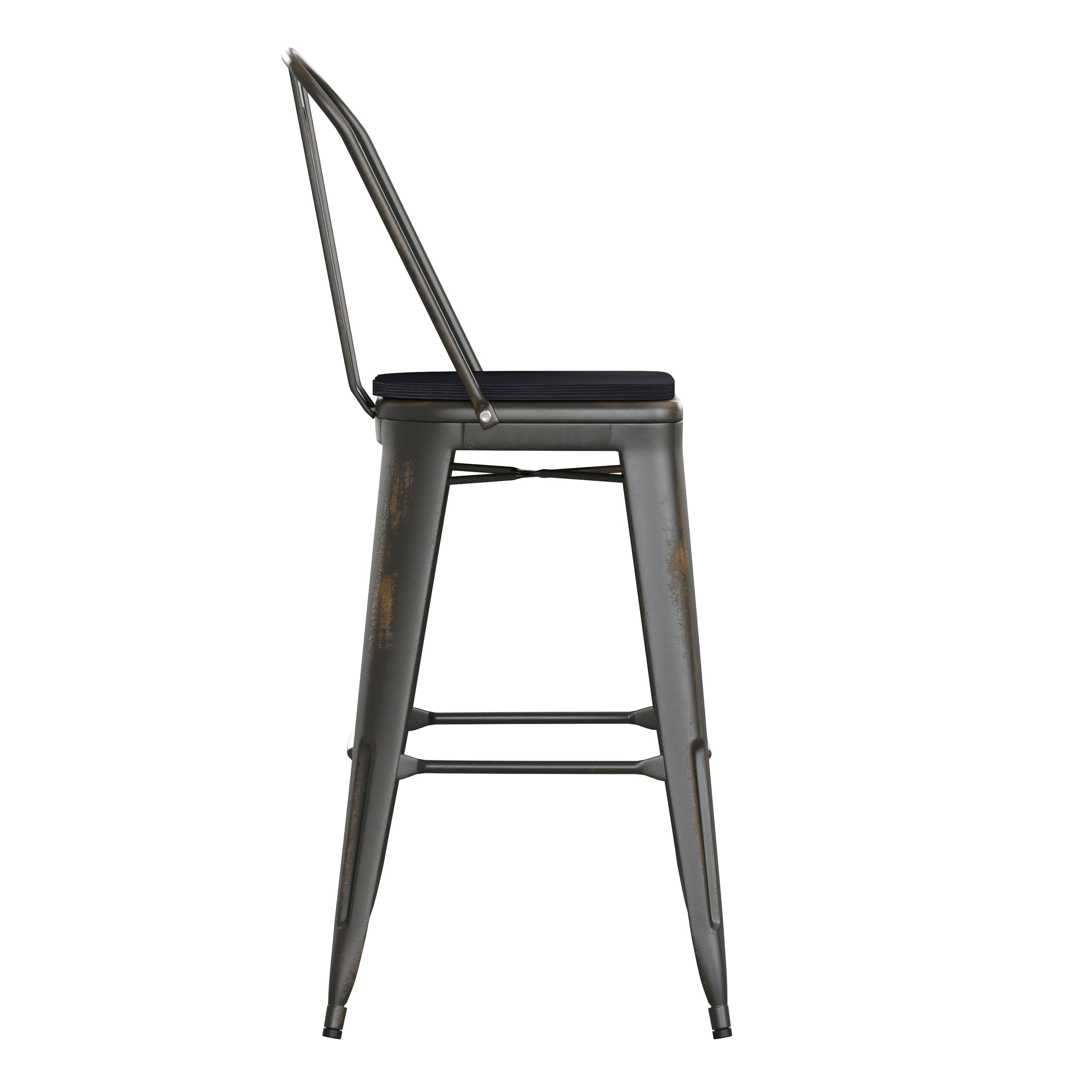 Carly Commercial Grade 30" High Copper Metal Indoor-Outdoor Barstool with Back with Black Poly Resin Wood Seat
