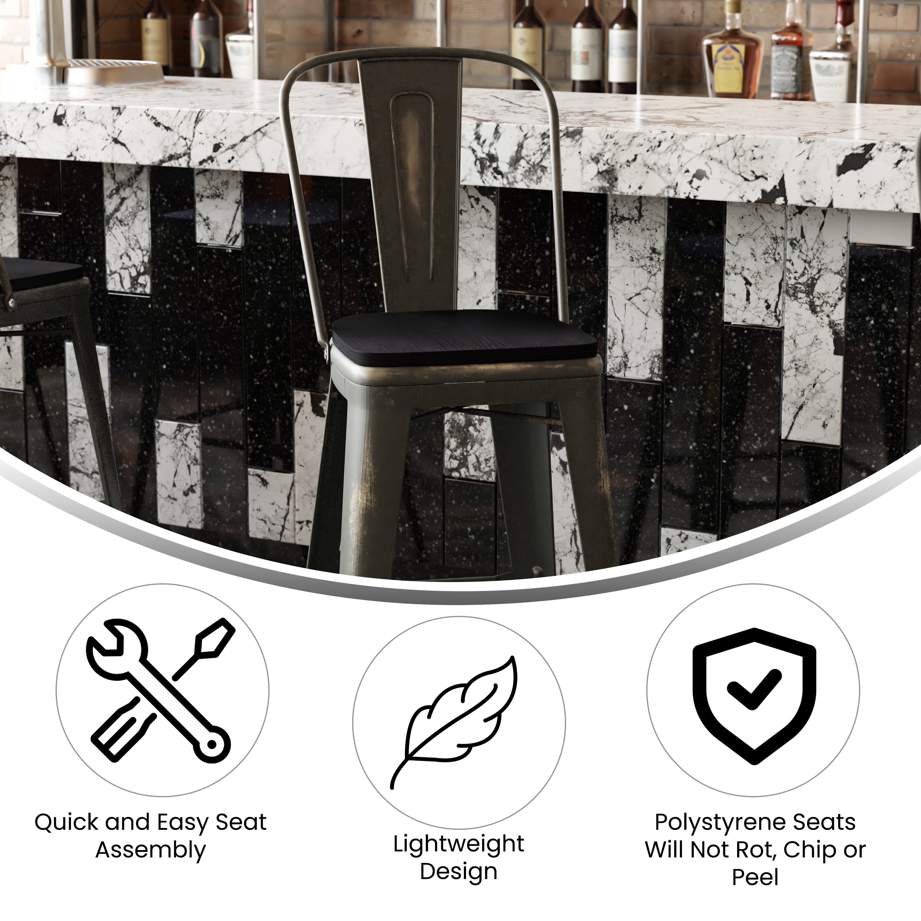 Carly Commercial Grade 30" High Copper Metal Indoor-Outdoor Barstool with Back with Black Poly Resin Wood Seat