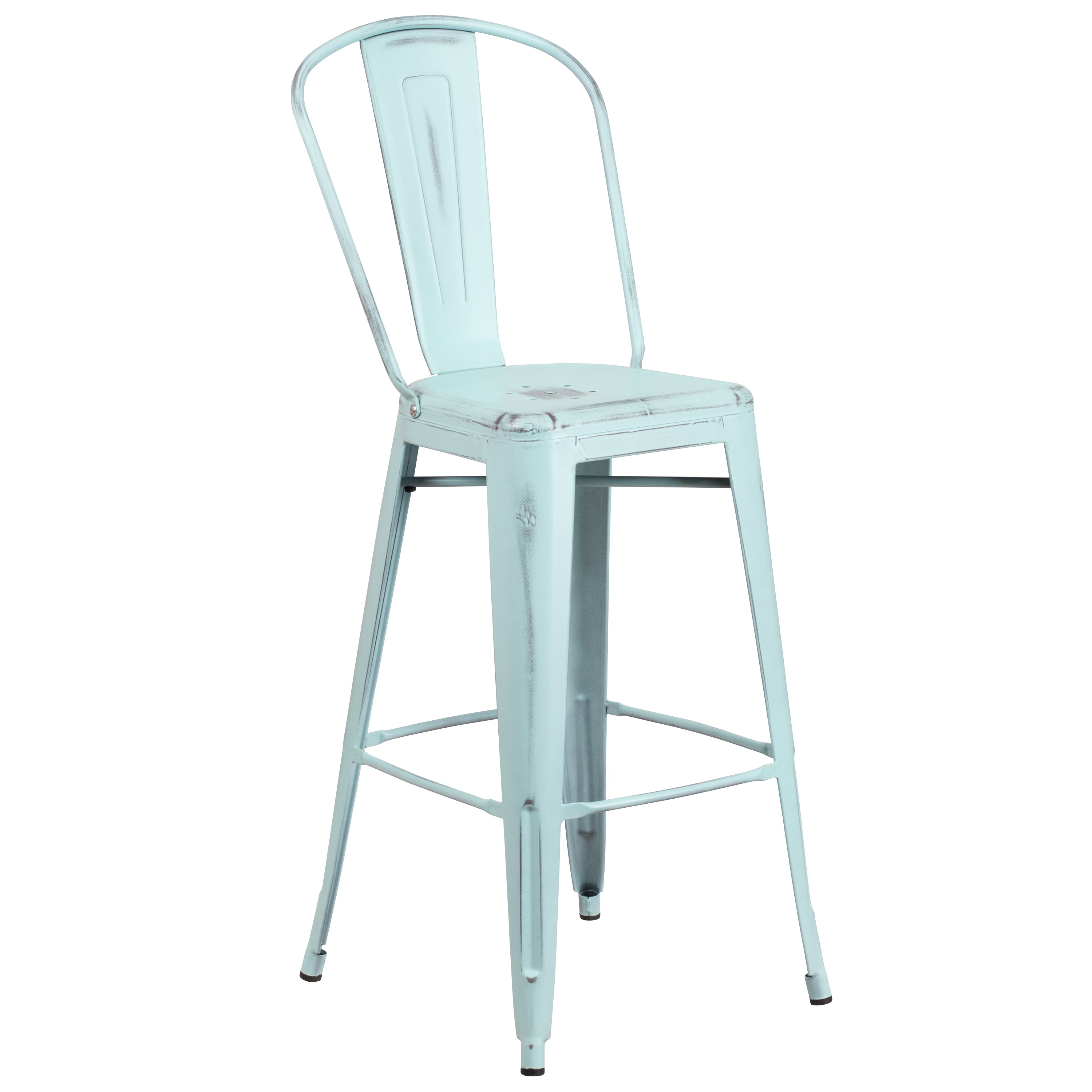 Cindy Commercial Grade 30" High Distressed Green-Blue Metal Indoor-Outdoor Barstool with Back