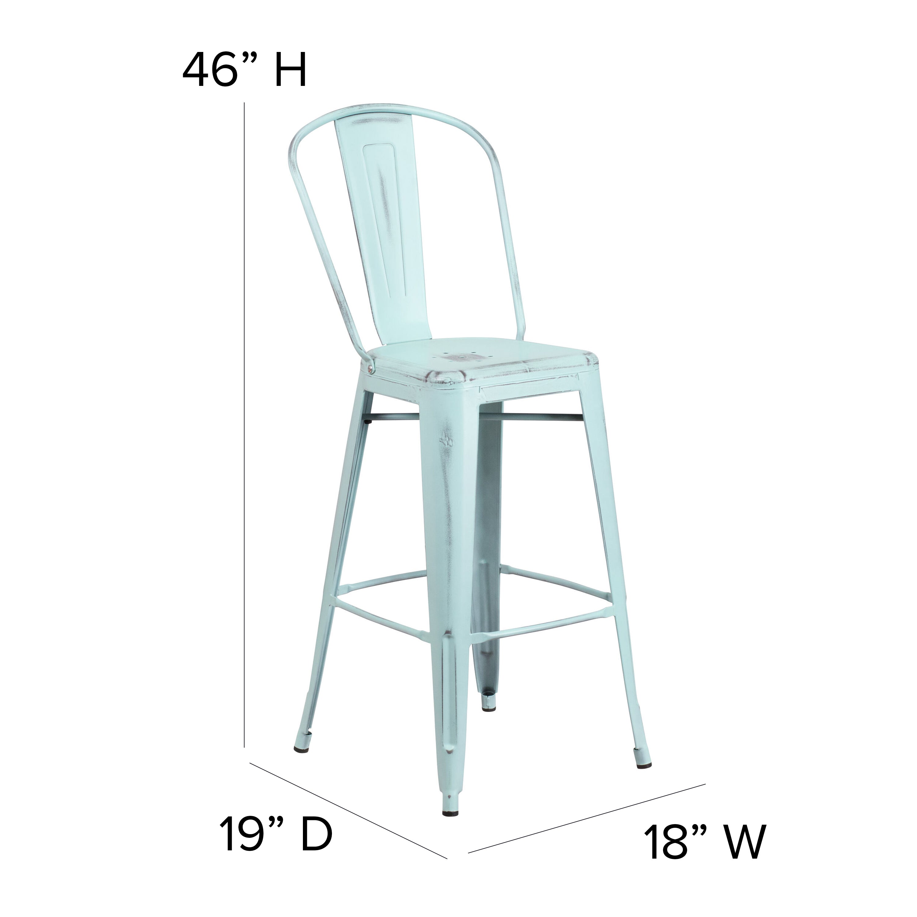 Cindy Commercial Grade 30" High Distressed Green-Blue Metal Indoor-Outdoor Barstool with Back