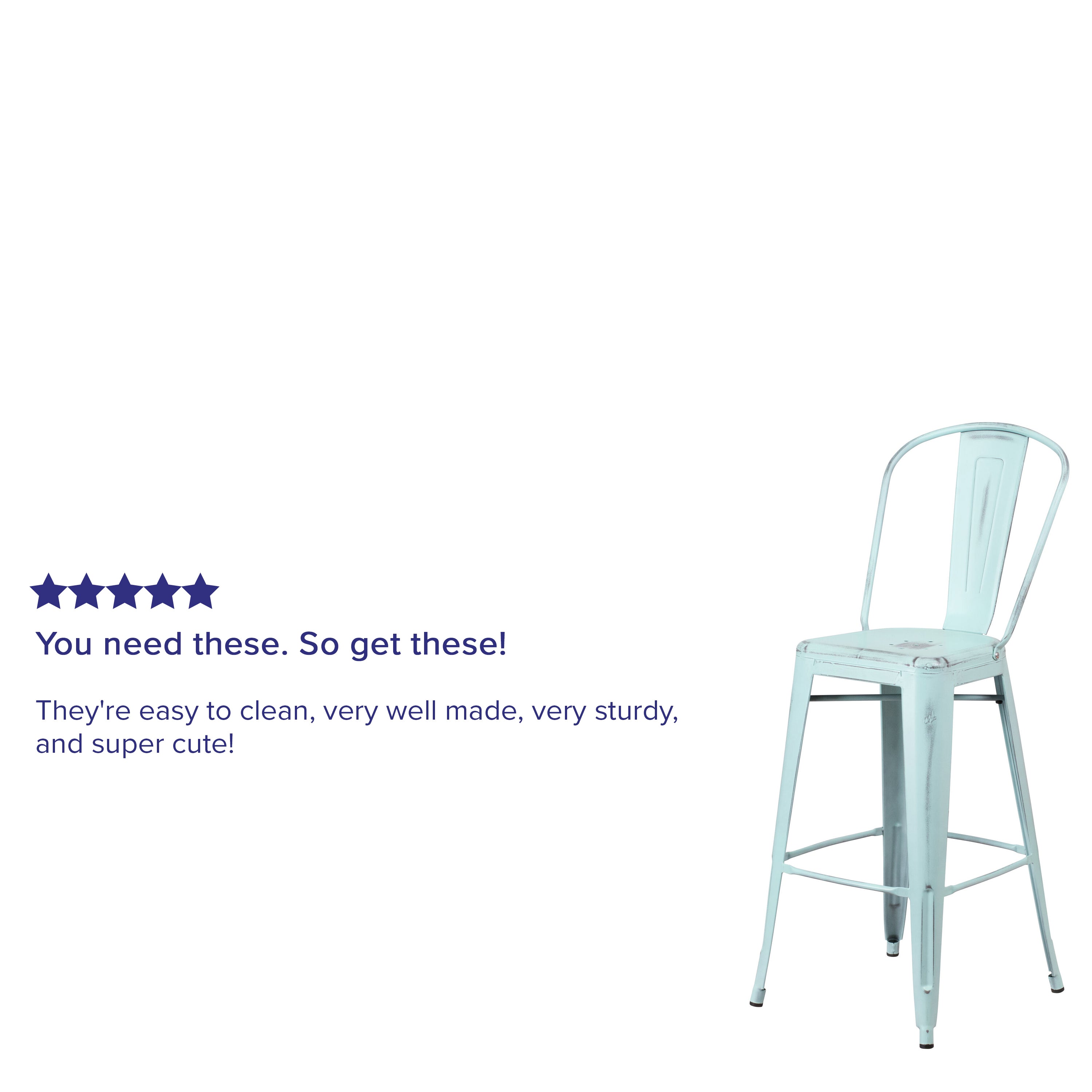 Cindy Commercial Grade 30" High Distressed Green-Blue Metal Indoor-Outdoor Barstool with Back
