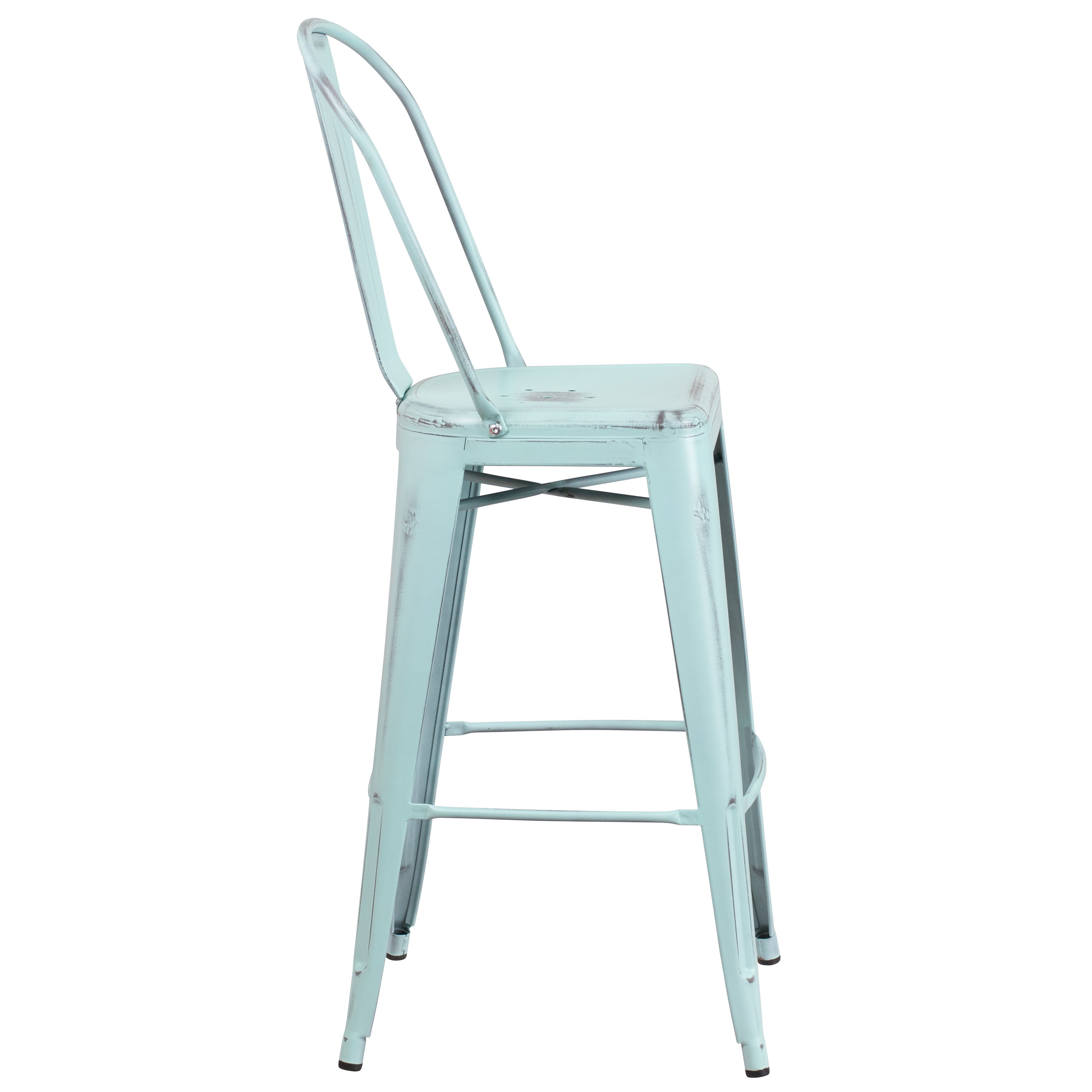 Cindy Commercial Grade 30" High Distressed Green-Blue Metal Indoor-Outdoor Barstool with Back