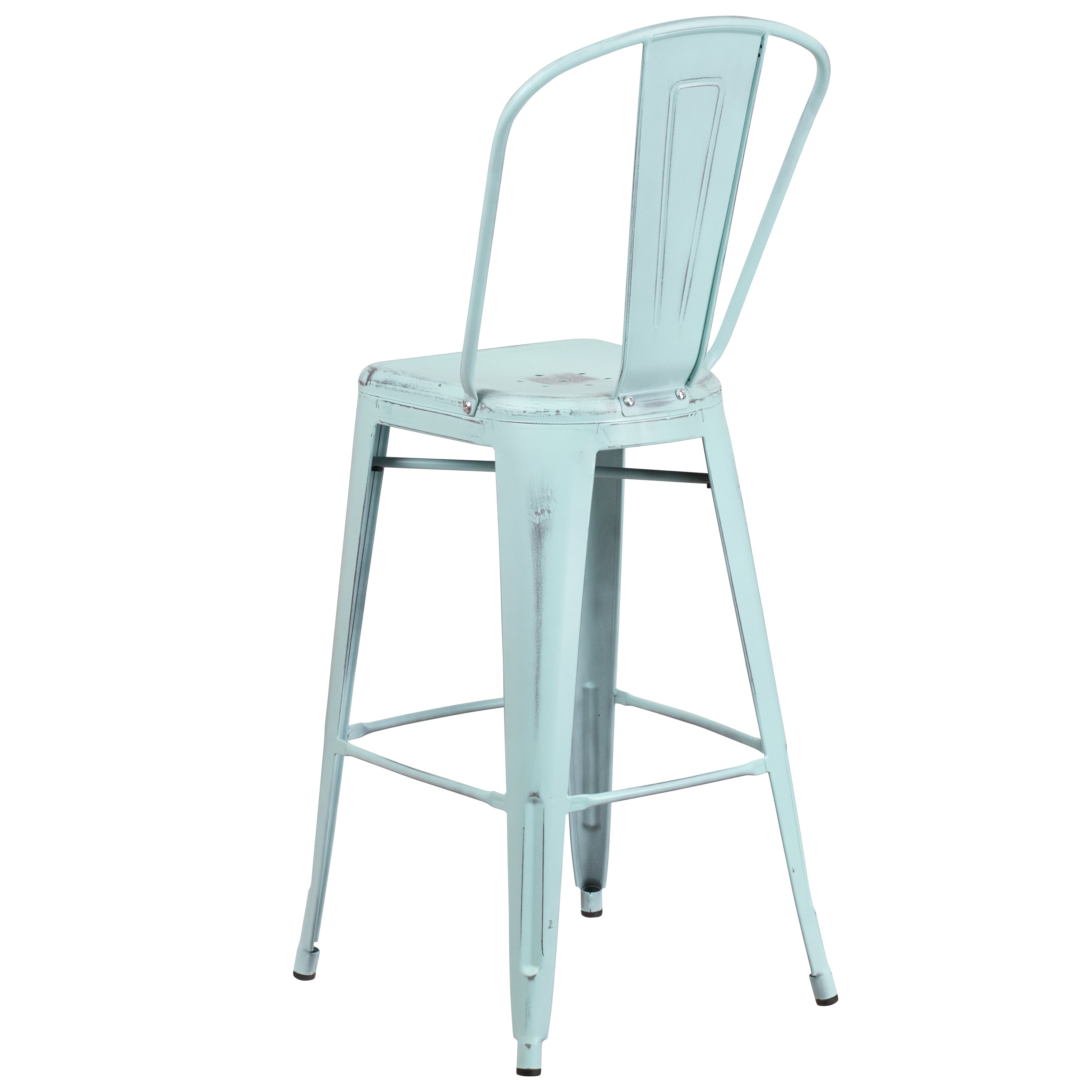 Cindy Commercial Grade 30" High Distressed Green-Blue Metal Indoor-Outdoor Barstool with Back