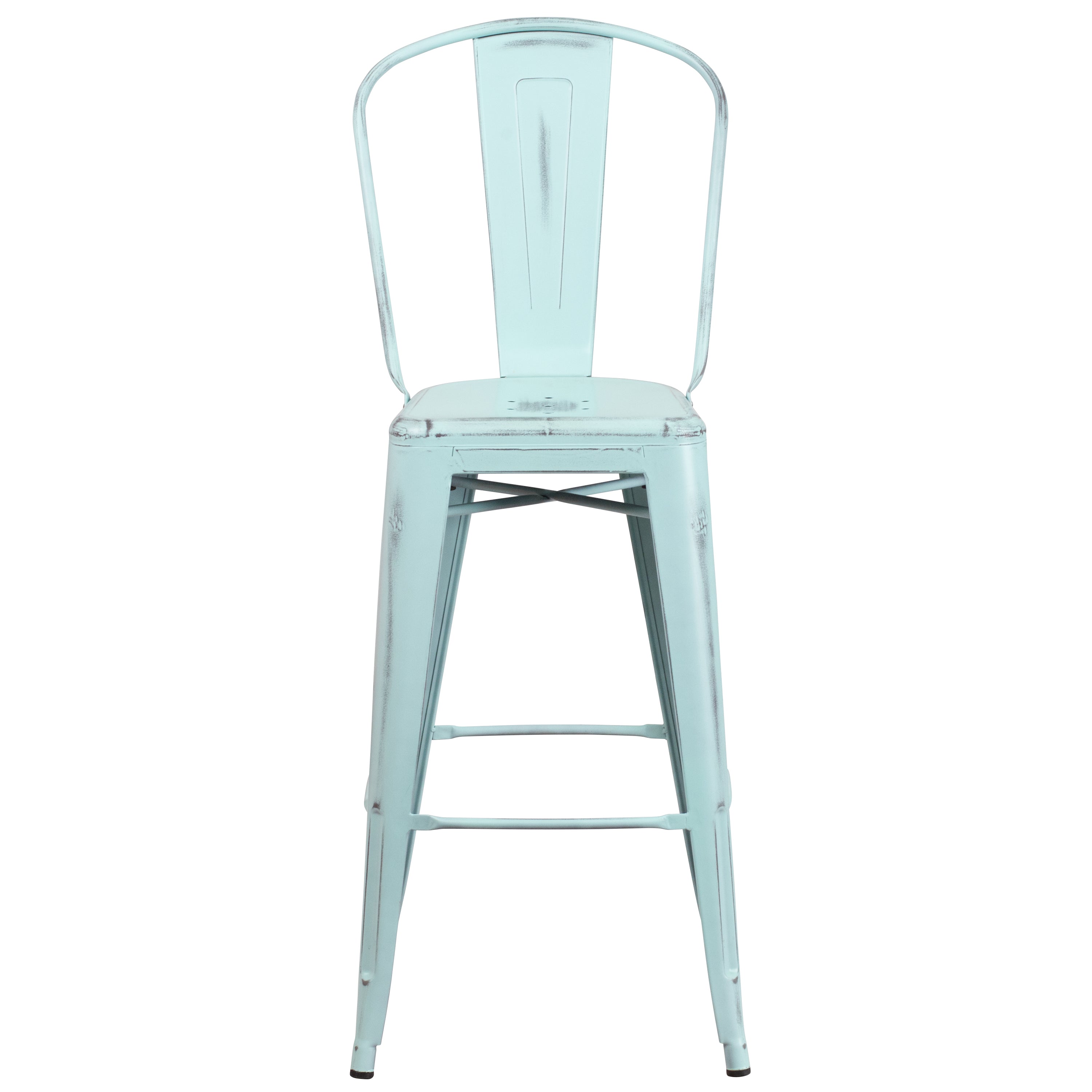 Cindy Commercial Grade 30" High Distressed Green-Blue Metal Indoor-Outdoor Barstool with Back