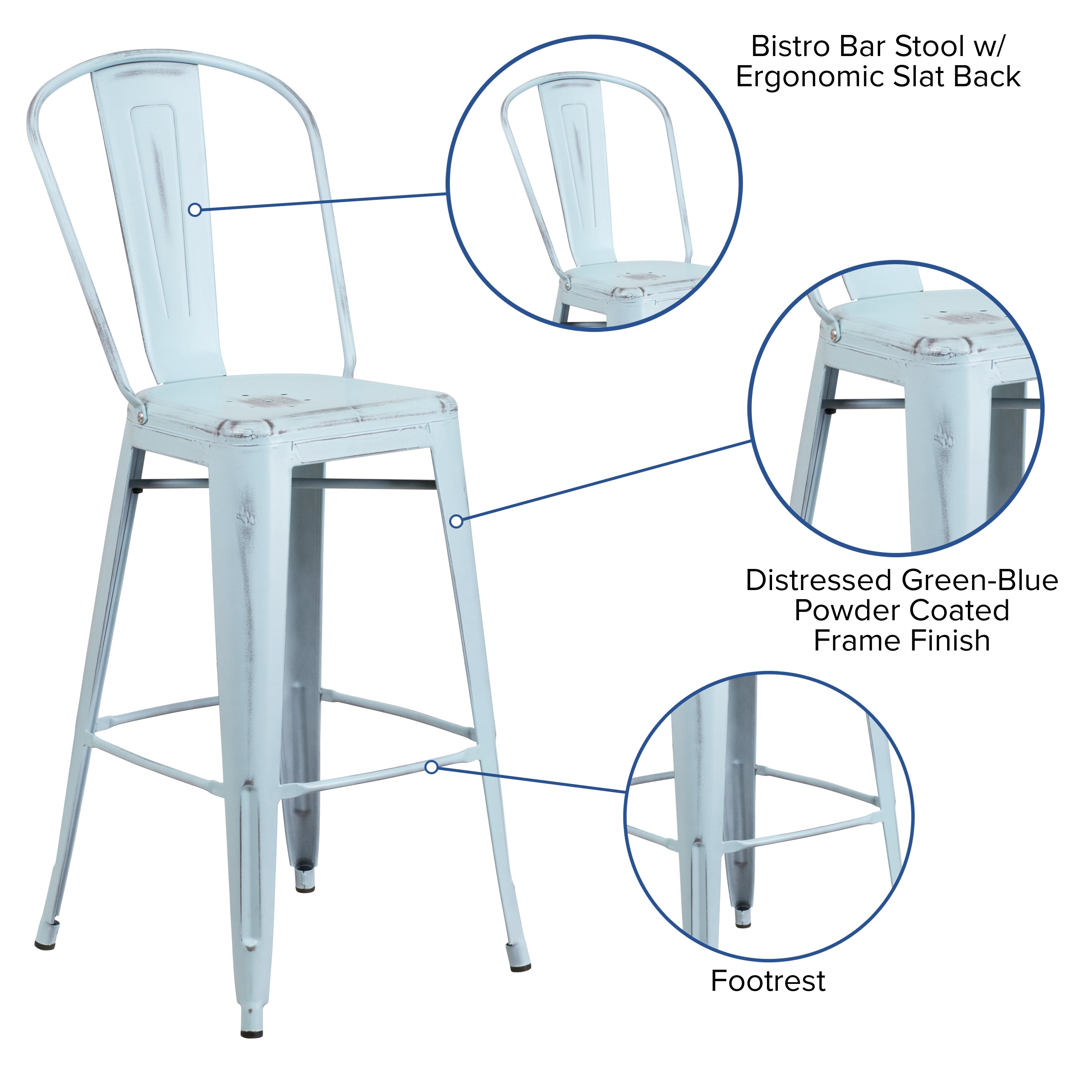 Cindy Commercial Grade 30" High Distressed Green-Blue Metal Indoor-Outdoor Barstool with Back