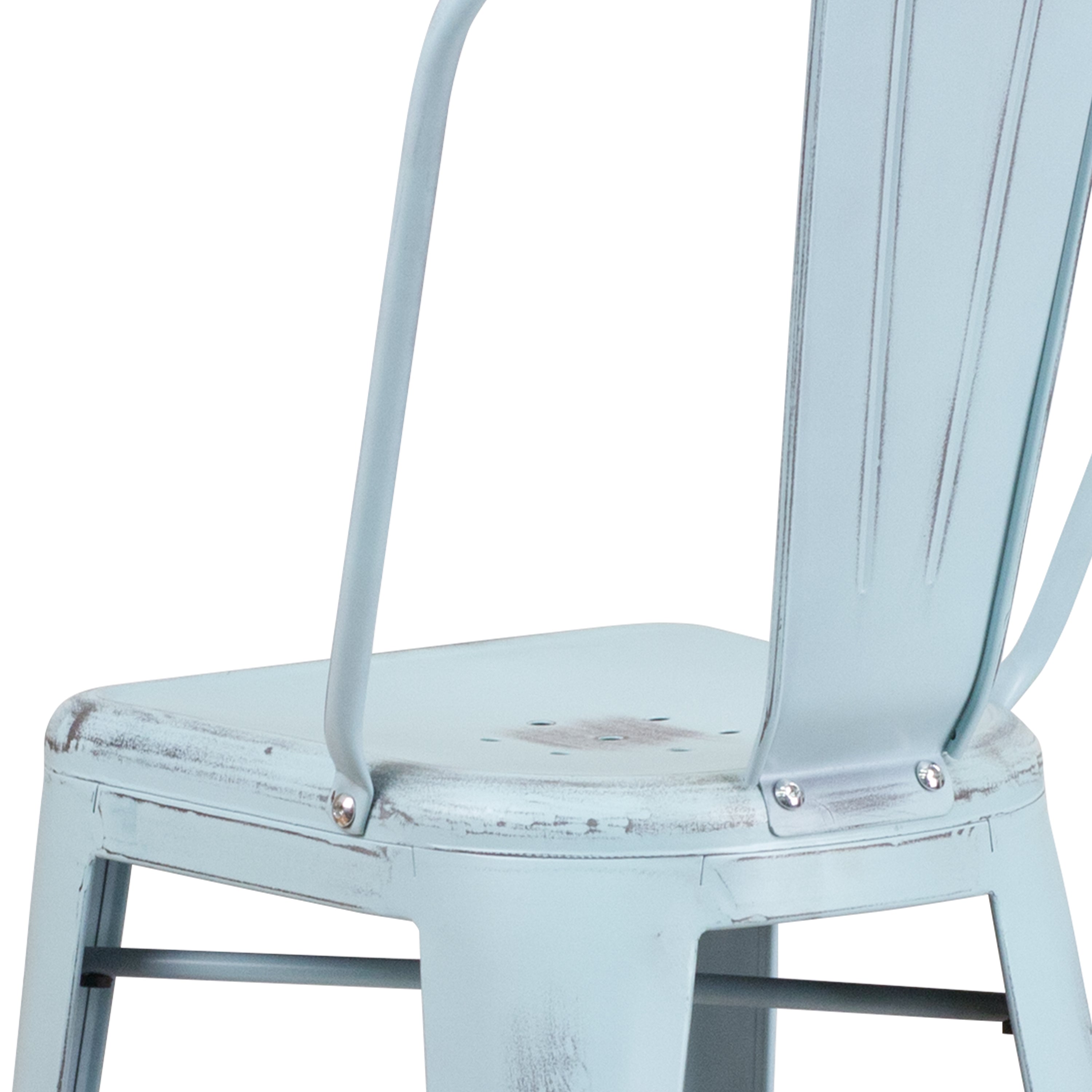 Cindy Commercial Grade 30" High Distressed Green-Blue Metal Indoor-Outdoor Barstool with Back