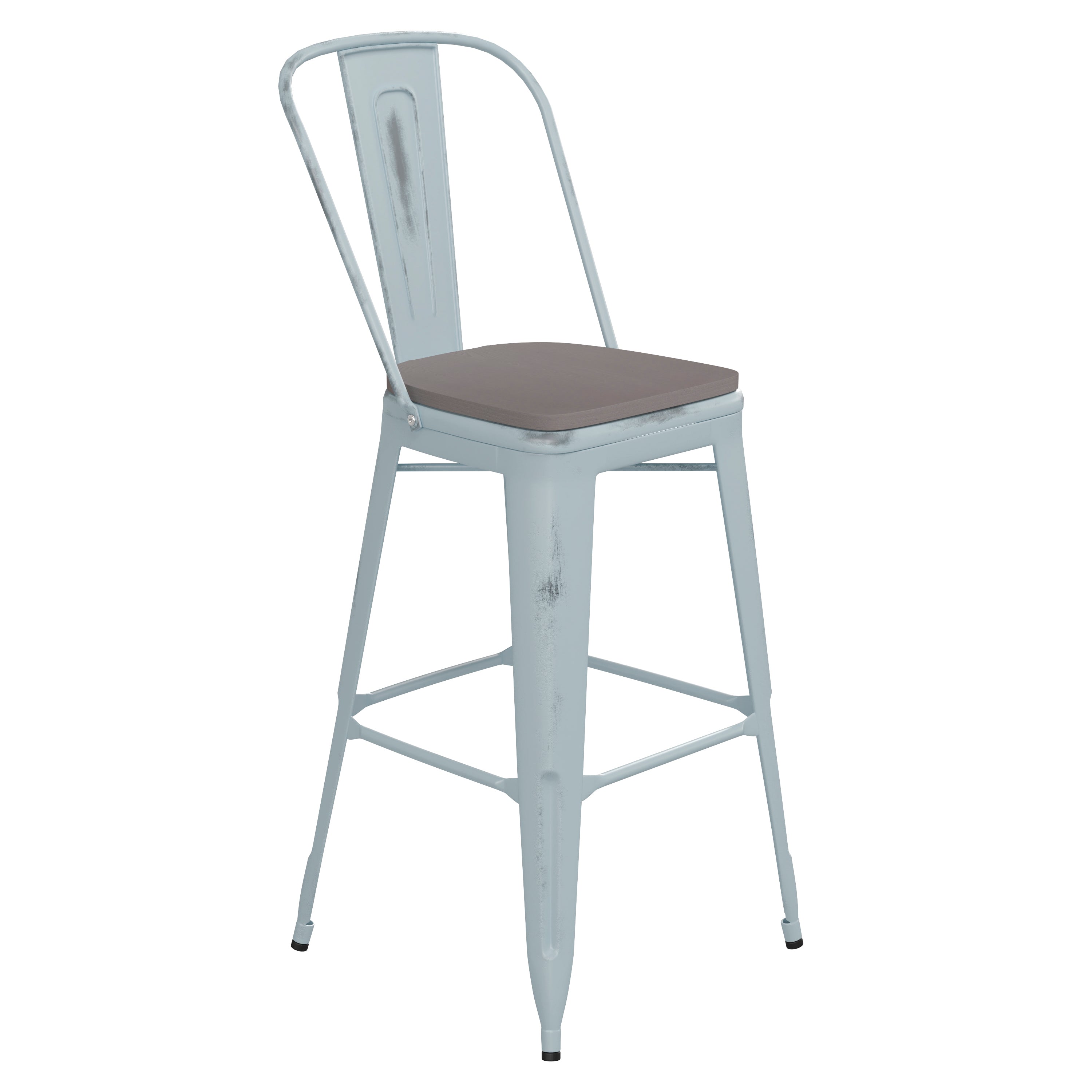 Carly Commercial Grade 30" High Green-Blue Metal Indoor-Outdoor Barstool with Back with Gray Poly Resin Wood Seat