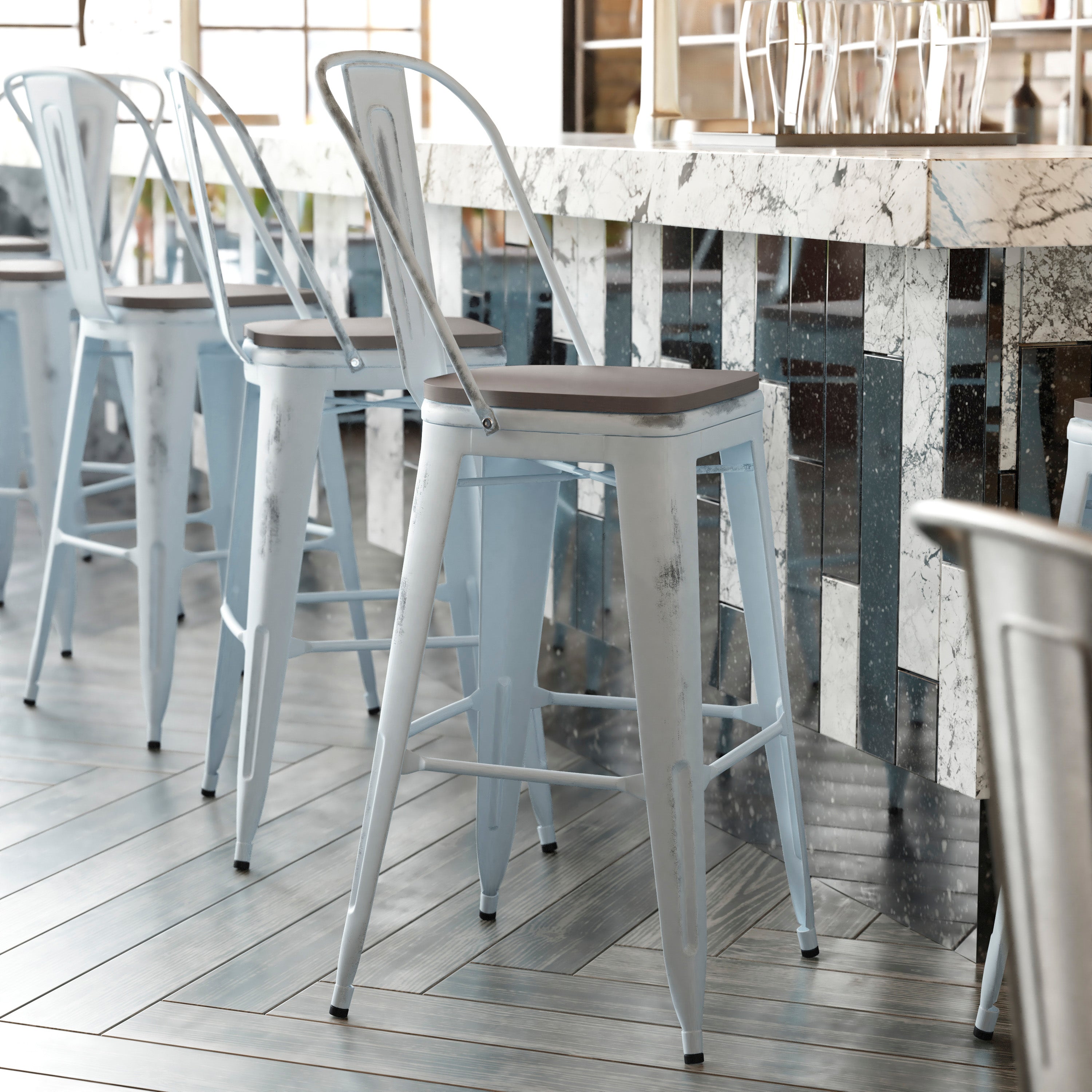 Carly Commercial Grade 30" High Green-Blue Metal Indoor-Outdoor Barstool with Back with Gray Poly Resin Wood Seat