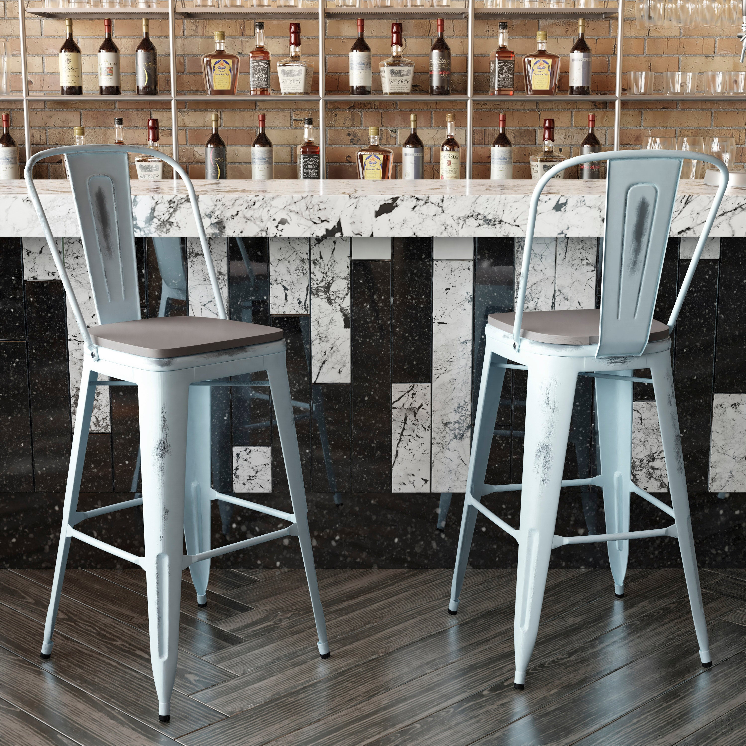 Carly Commercial Grade 30" High Green-Blue Metal Indoor-Outdoor Barstool with Back with Gray Poly Resin Wood Seat